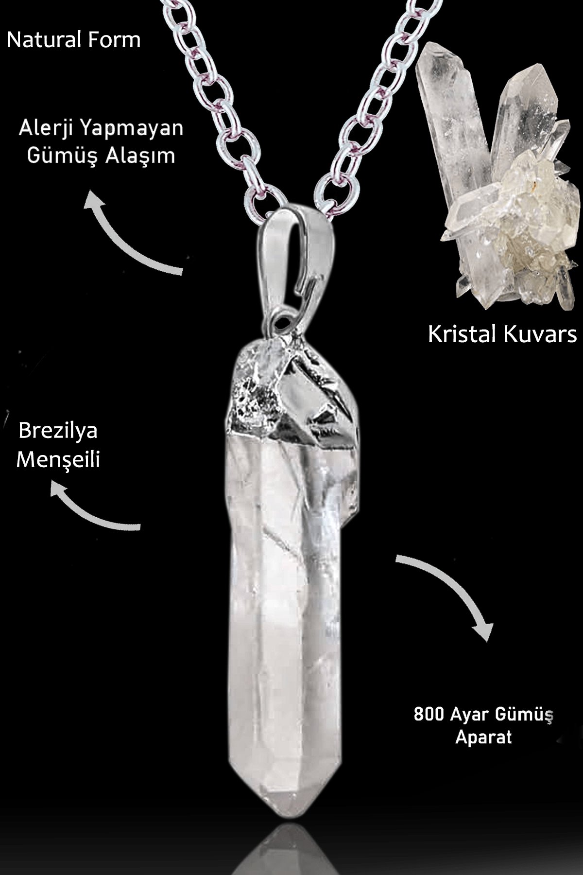 Sertifikalı Ham Tamburlanmış  Kristal Kuvars Taşı Kolye - Brezilya