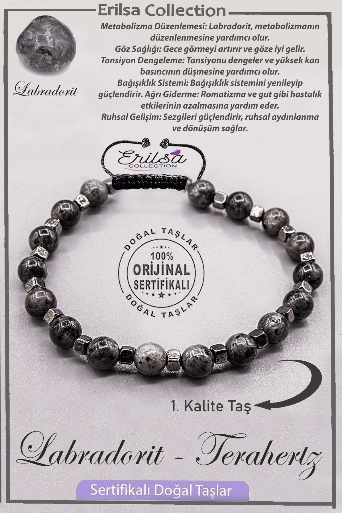 Sertifikalı AAA+ Kalite Gerçek Terahertz - Labradorit Taşı Bileklik