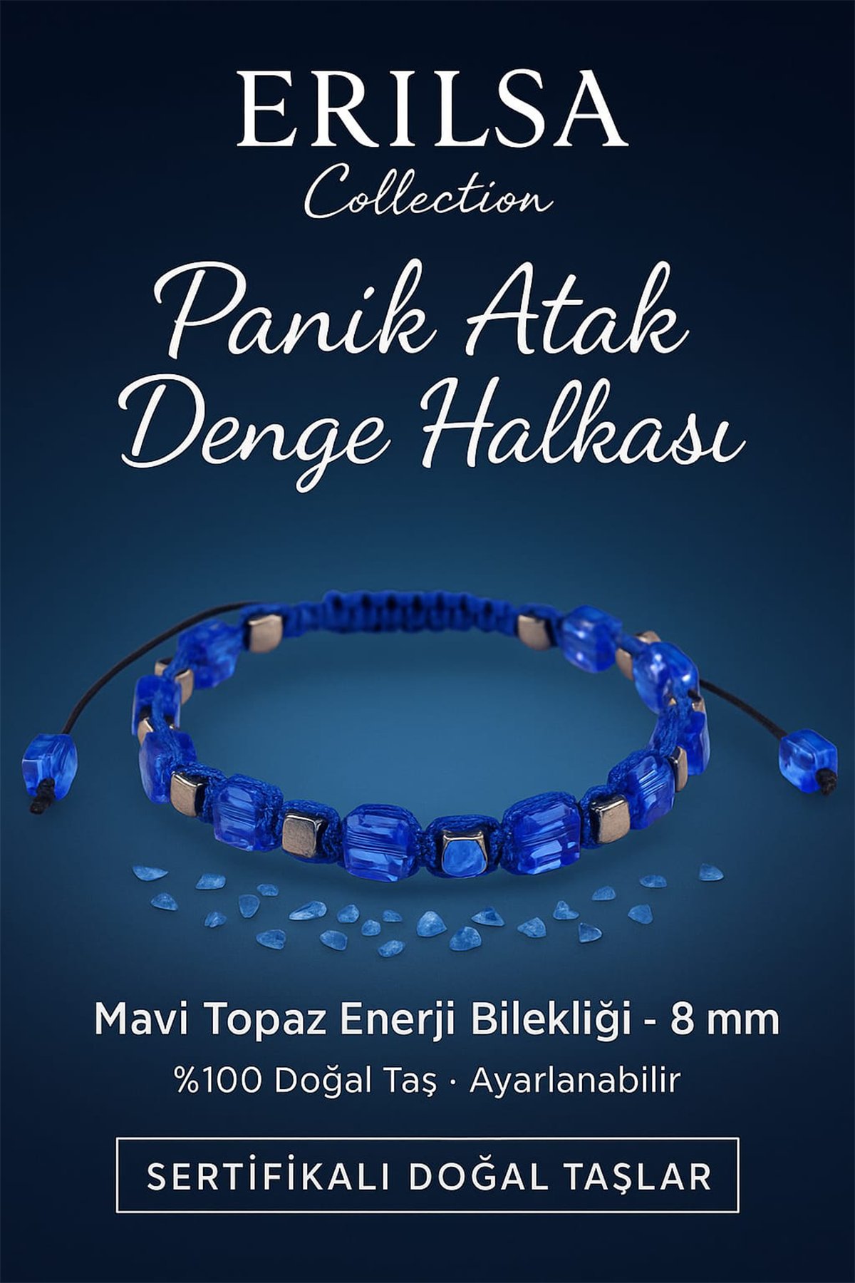Sertifikalı Panik Atak Denge Halkası – Mavi Topaz Doğal Taş 8 mm Enerji Bilekliği Ayarlanabilir