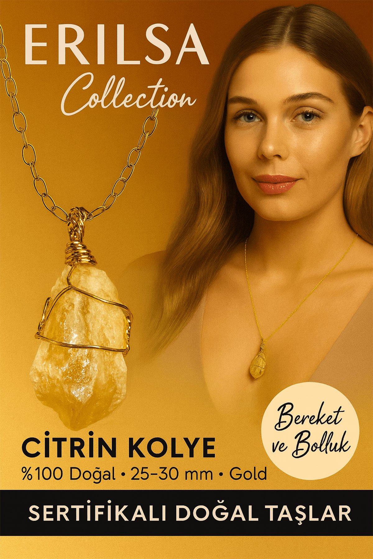 Sertifikalı Tel Sargılı Doğal Ham Sitirin Taşı Kolye – Altın Kaplama Bereket ve Enerji Taşı