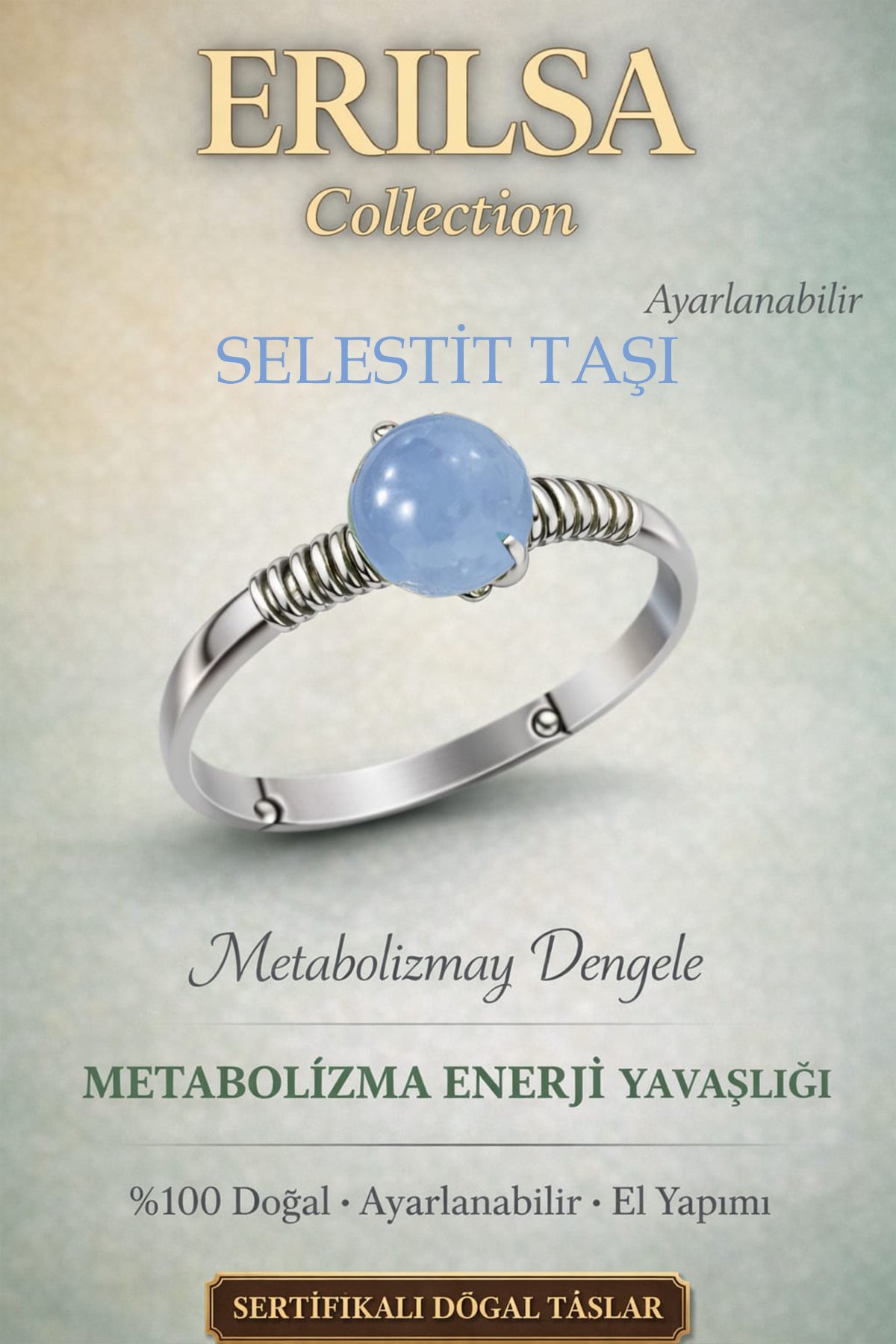 Sertifikalı Metabolizma Enerji Yavaşlığı Yüzüğü – Selestit Ayarlamalı İnce Başak Boğa Yengeç Burcu