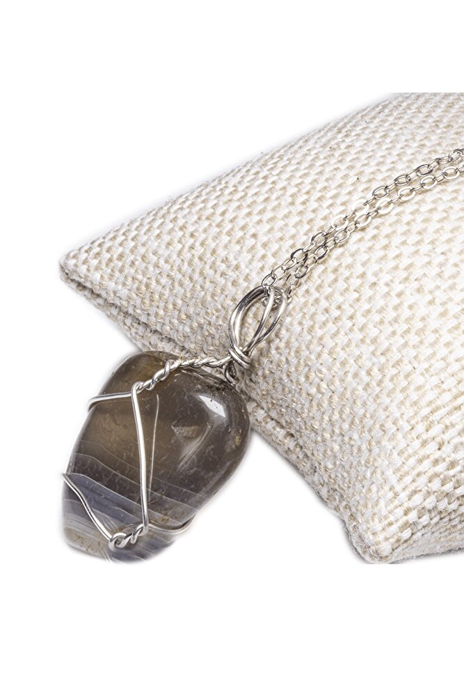 Sertifikalı Doğal Gri Kahve Akik Taşı Kolye - Tel Sargılı