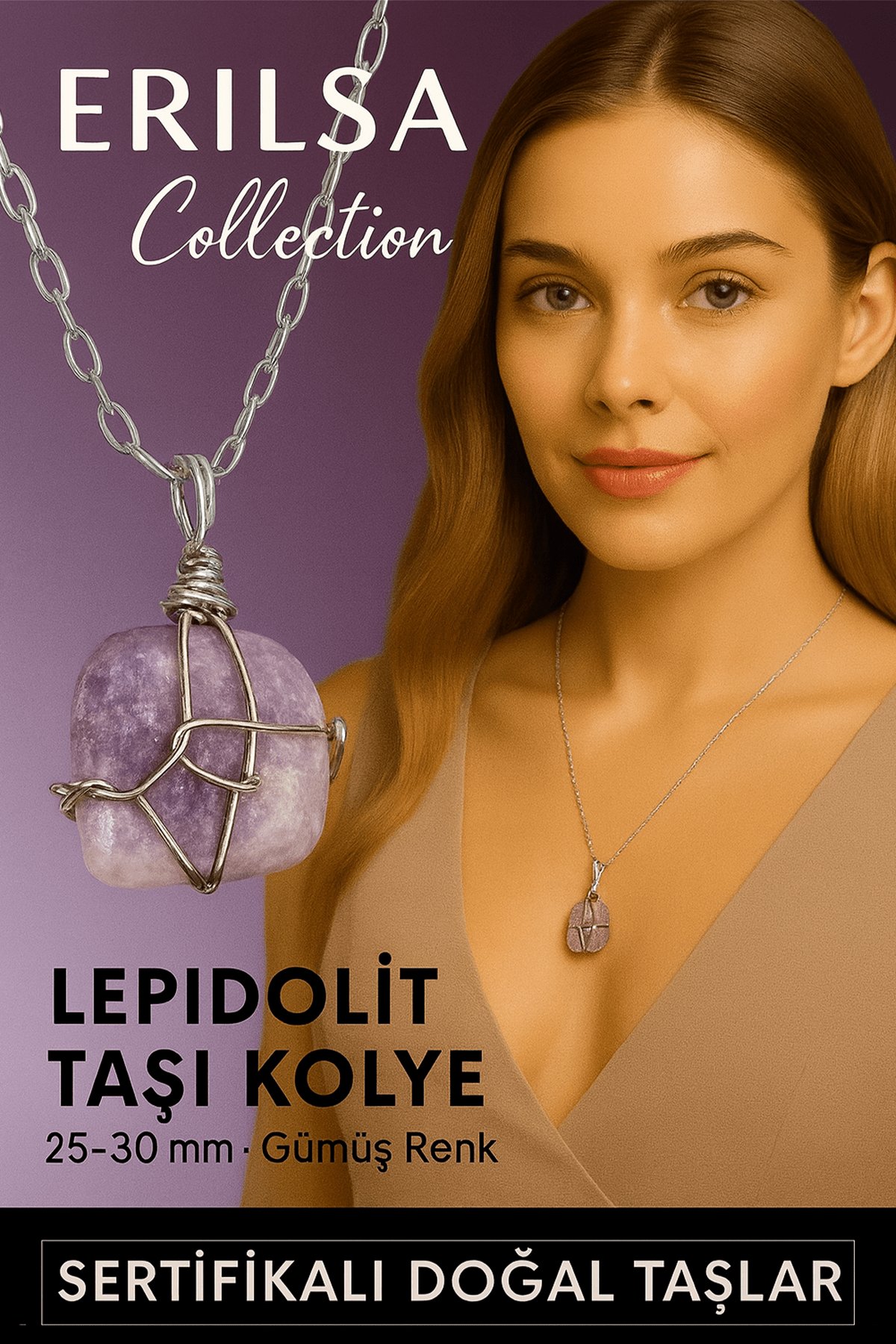 Sertifikalı Ham Gümüş Tel Sargılı Lepidolit (Peygamber Taşı) Kolye – 25-30 mm Huzur ve Denge Taşı