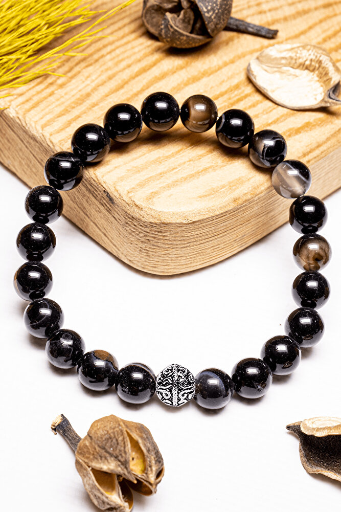 Sertifikalı Aaa+ Siyah Akik Taşı Bileklik - Gümüş Aparatlı