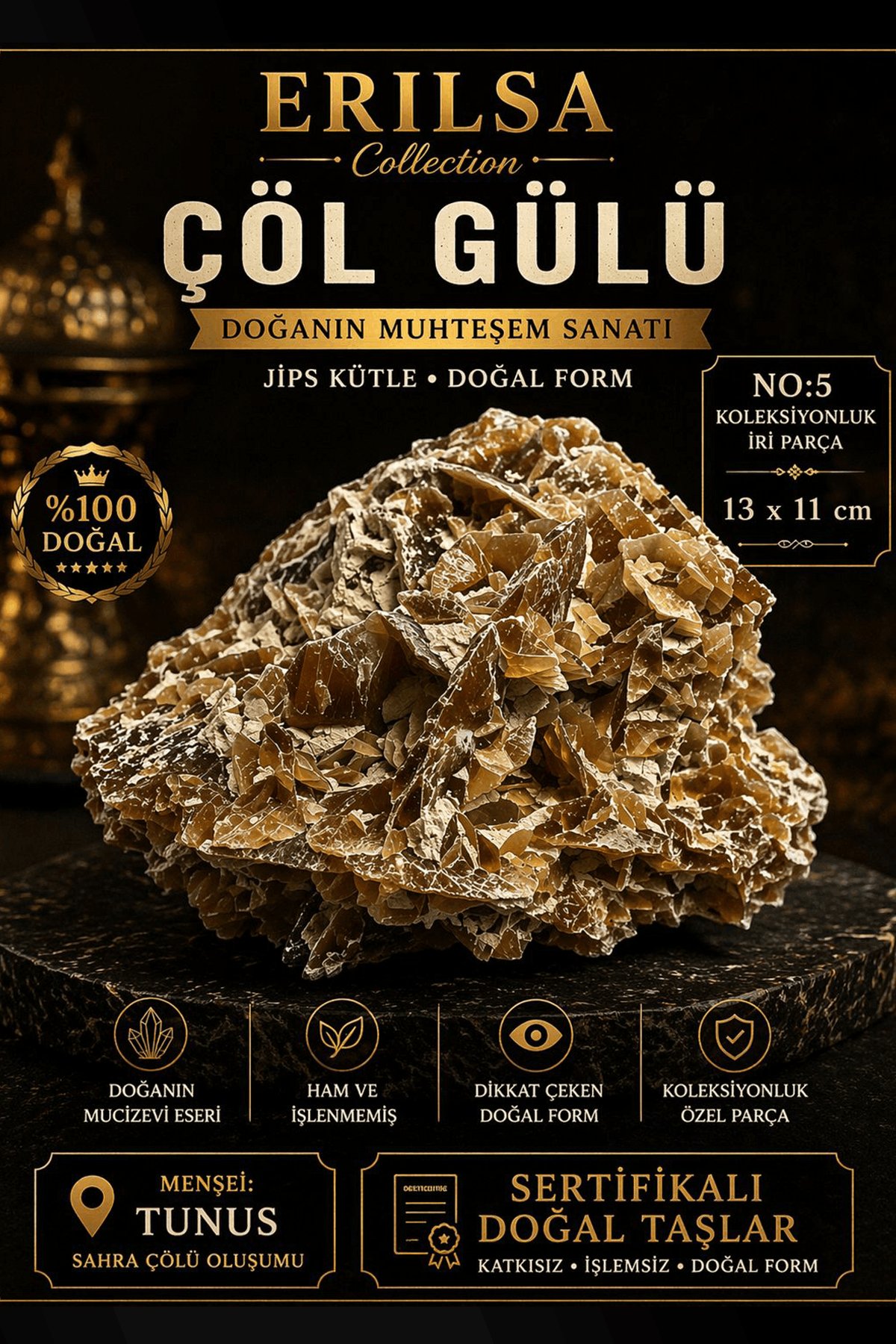 Sertifikalı Çöl Gülü Taşı Kütle - 13x11 cm Koleksiyonluk İri Doğal Jips Kütle Tek Parça