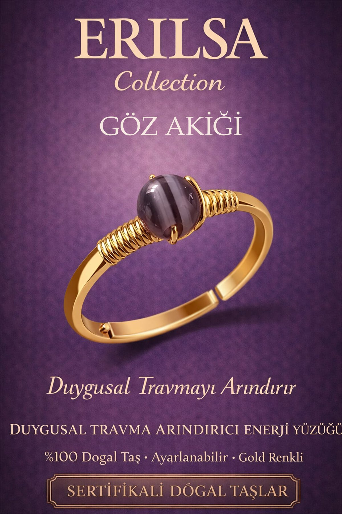 Sertifikalı Duygusal Travma Arındırıcı Yüzük – Göz Akik Taşı Ayarlamalı Yengeç Balık Akrep Burcu