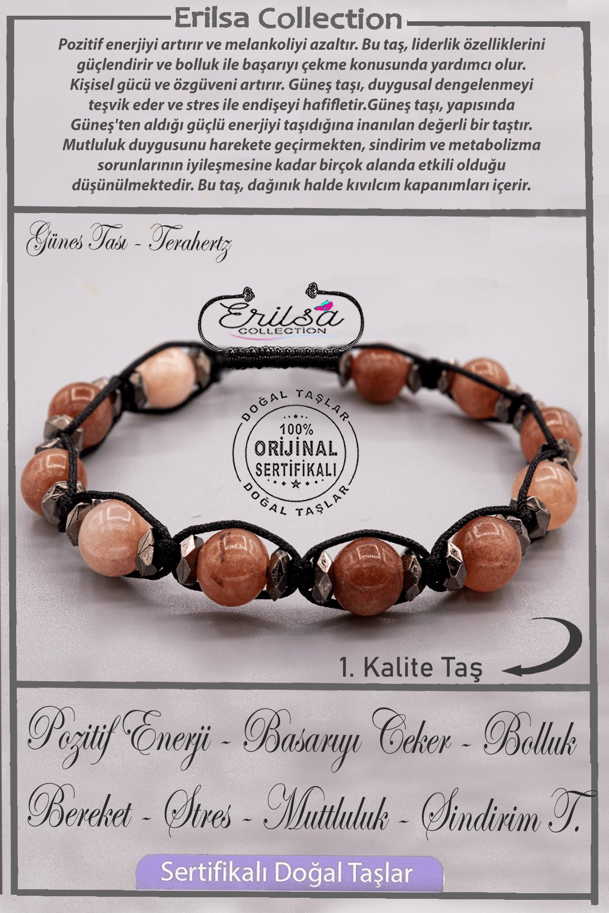Sertifikalı AAA+ Kalite Gerçek Terahertz - Güneş Taşı Bileklik