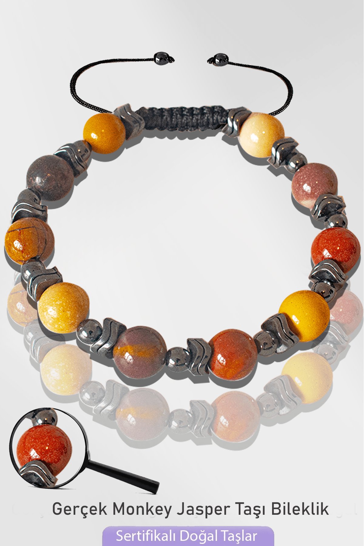 Sertifikalı Silver Hematitli Doğal Monkey Jasper Taşı Bileklik - Ayarlamalı