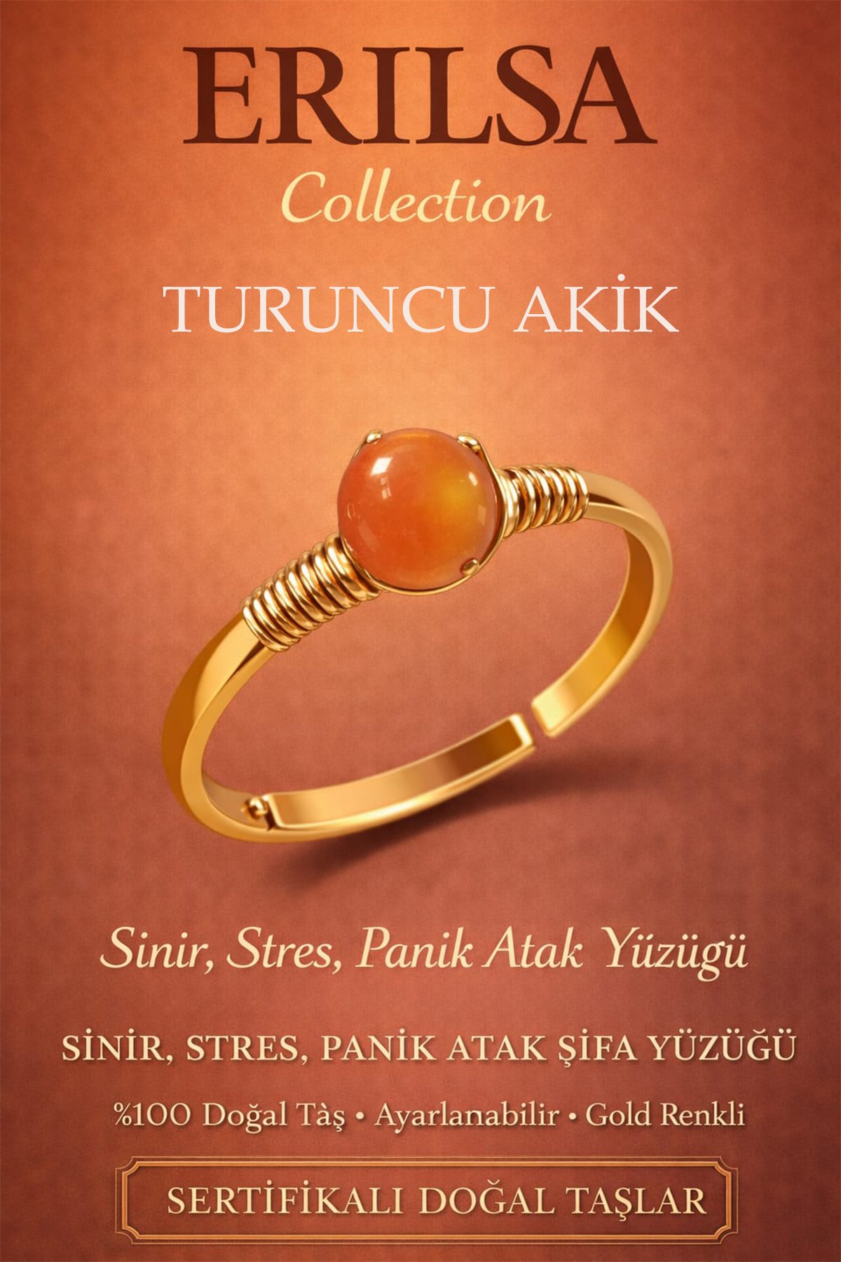 Sertifikalı Sinir Stres Panik Atak Yüzüğü – Turuncu Akik Taşı Ayarlanabilir Gold Kasa Koç Aslan Yay