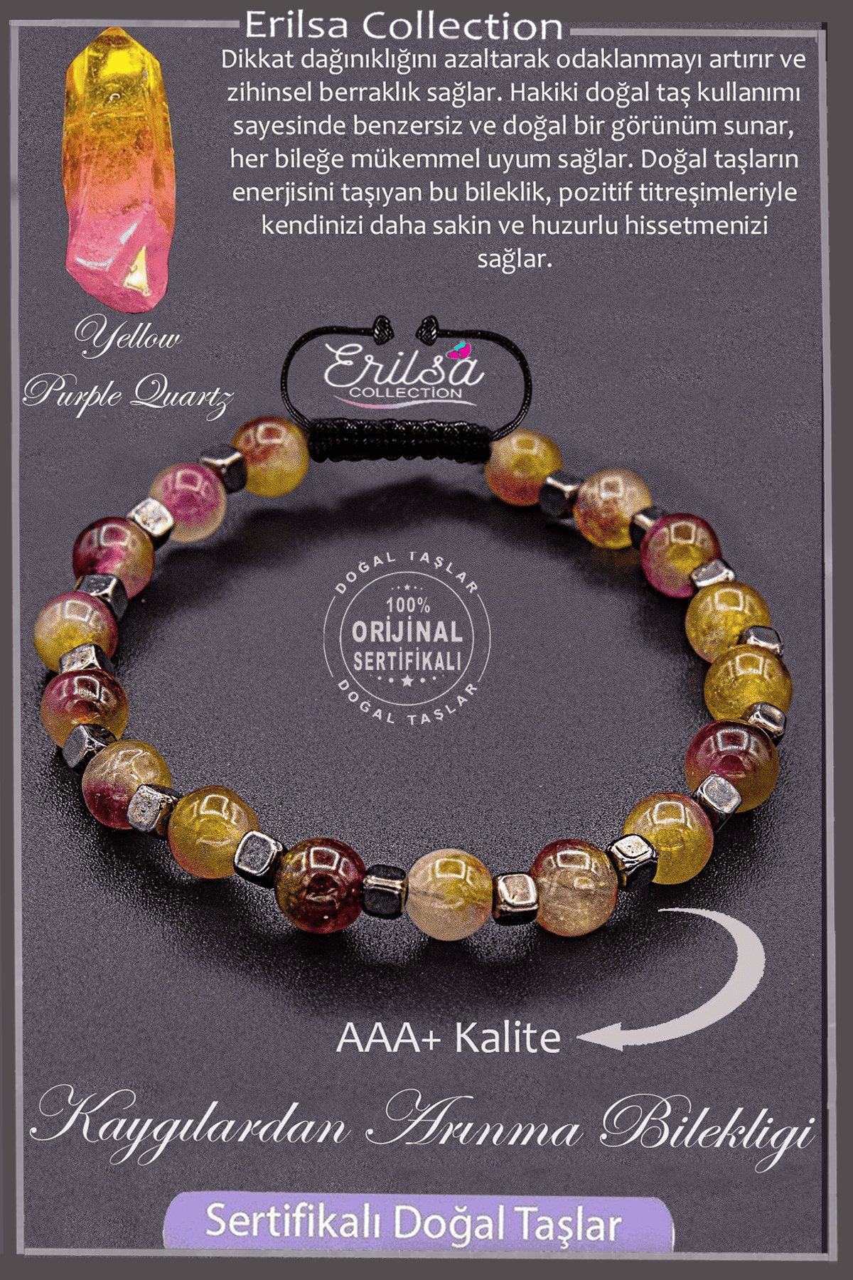 Sertifikalı AAA+ Kalite Gerçek Terahertz - Sarı - Mor Kuvars Taşı Bileklik