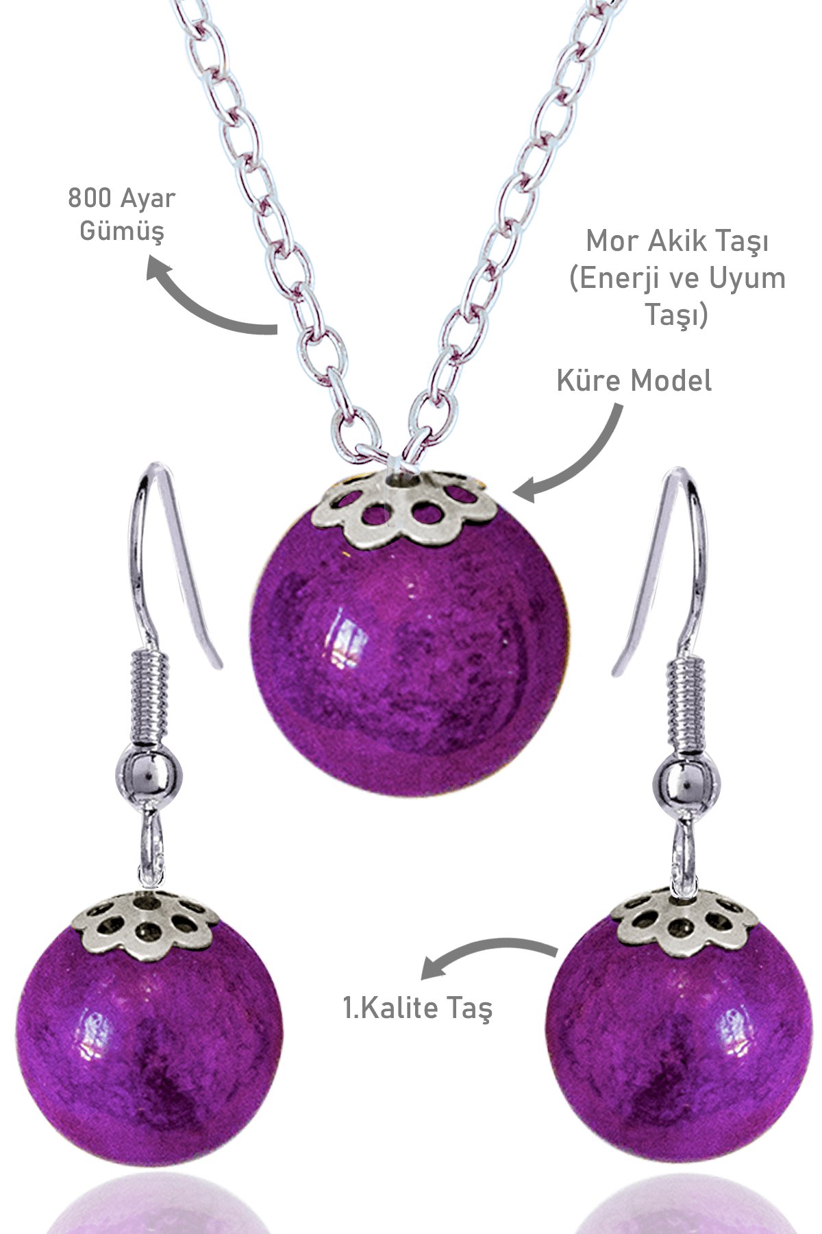 Sertifikalı Küre Model Mor Akik Taşı Kolye ve Küpe Seti - Gümüş Aparatlı