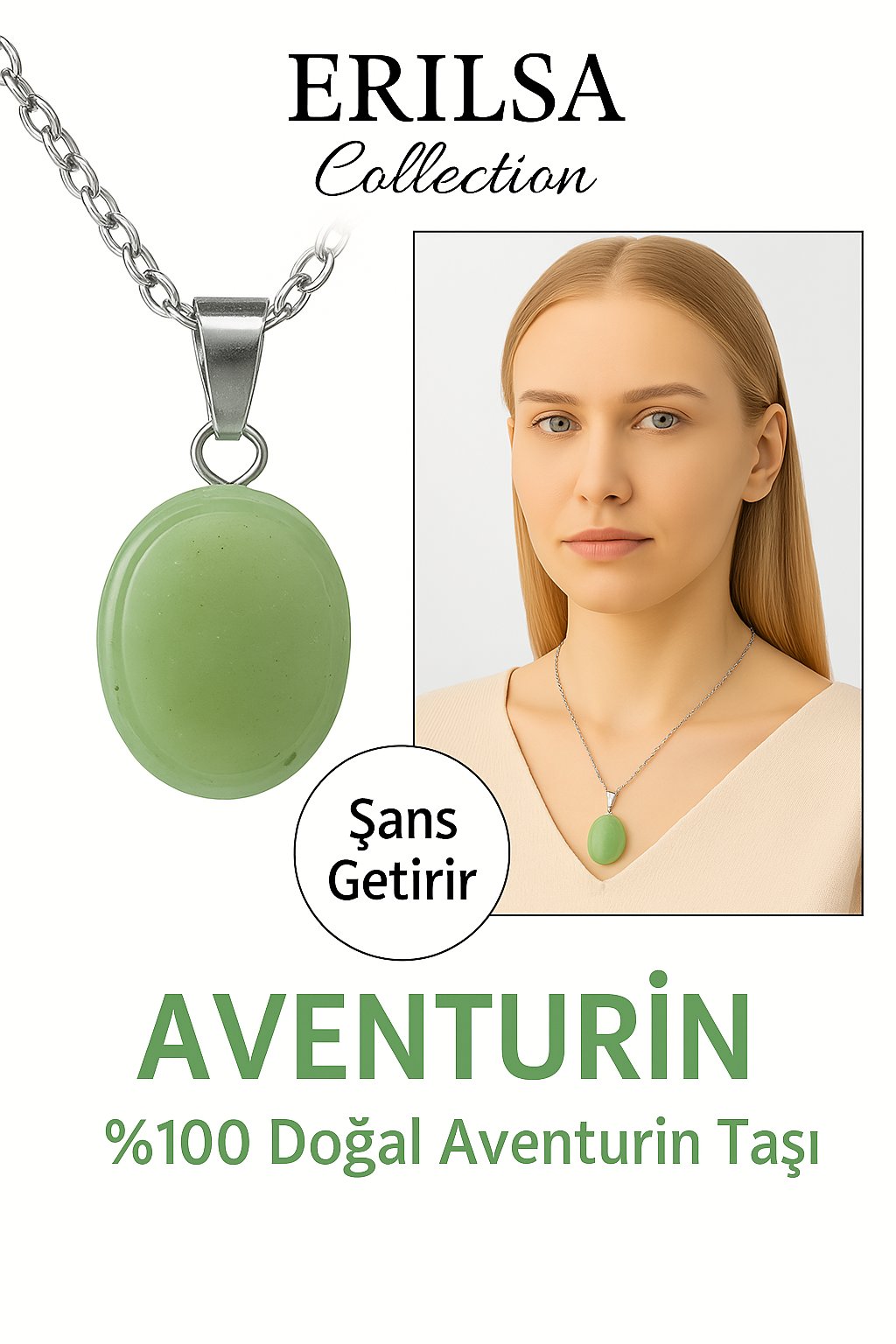 Sertifikalı AAA+ Oval Aventurin Taşı Doğal Taş Kolye - Gümüş Aparatlı Şans ve Bolluk Getirir