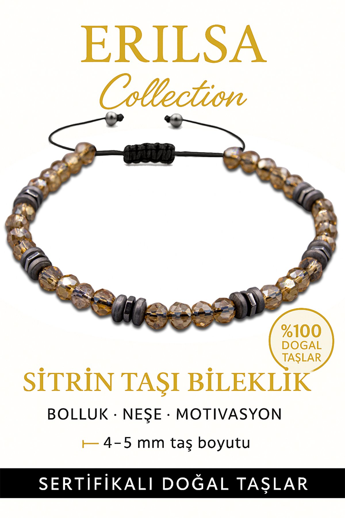 Sertifikalı Fasetli Terahertz – Sitrin Taşı Bileklik (İnce Model) – Bolluk, Özgüven ve Zihinsel Canlılık Taşı