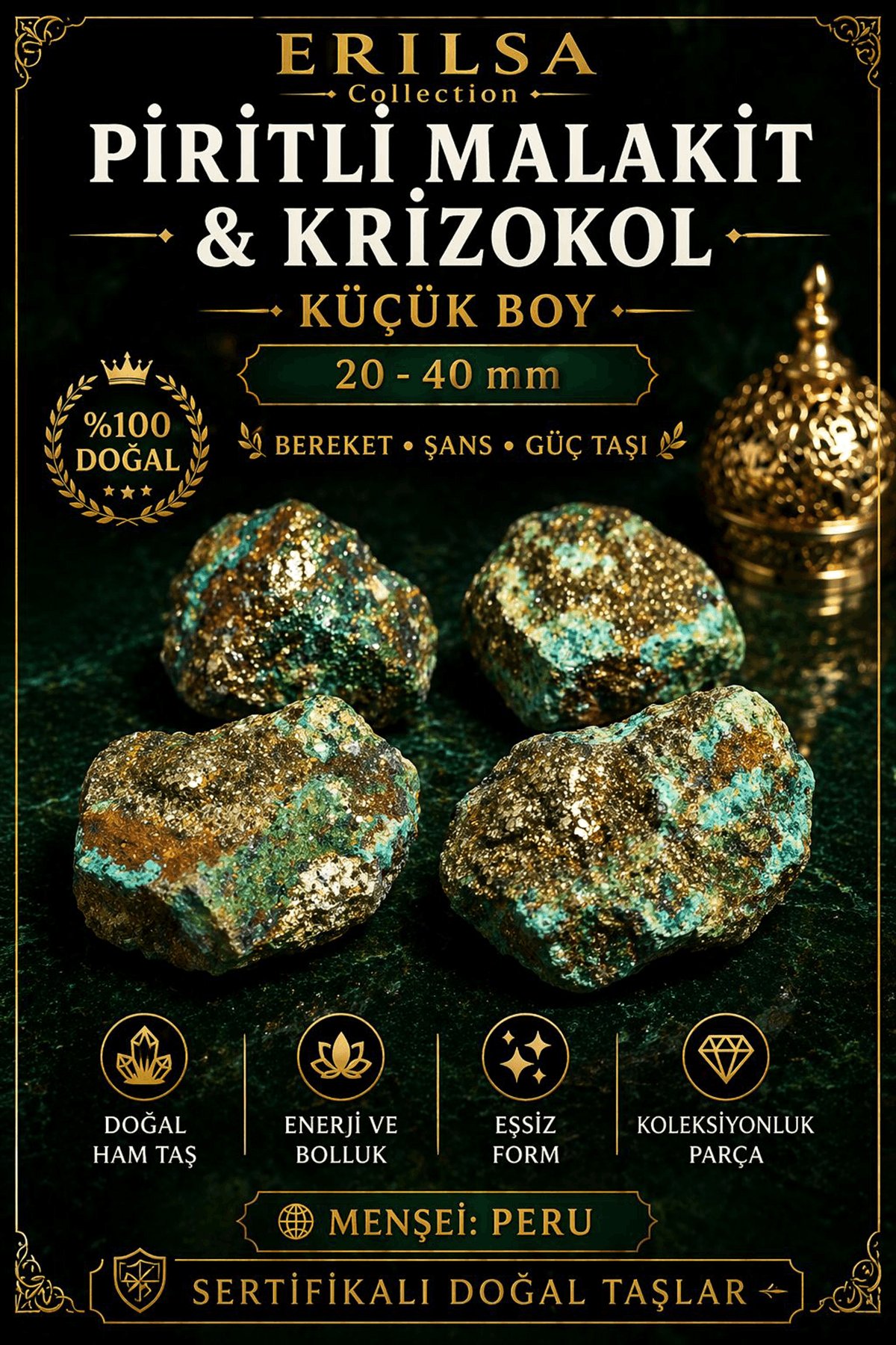 Sertifikalı Piritli Malakit Krizokol Doğal Taş Kütle 20-40 mm - Küçük Boy Ham Koleksiyonluk Parça