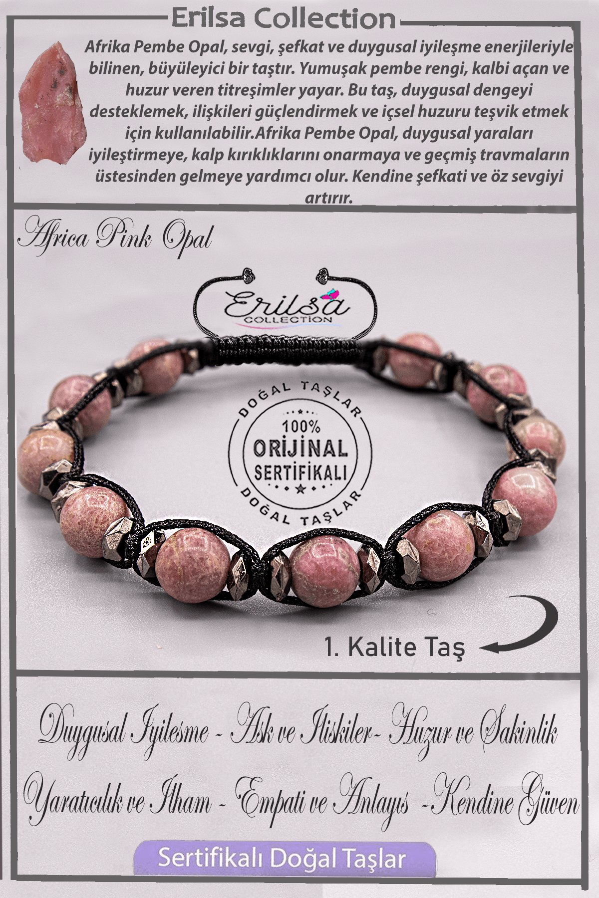 Sertifikalı AAA+ Kalite Orijinal Terahertz - Afrika Pembe Opal Taşı Bileklik