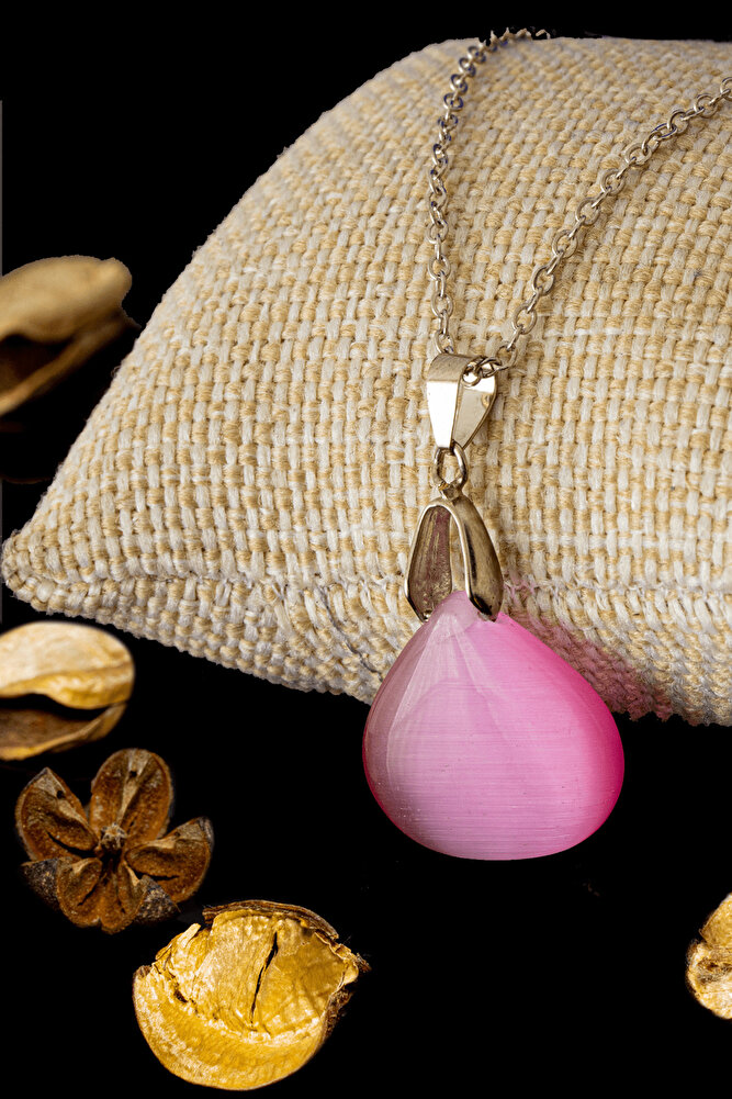 Sertifikalı Özel Kesim Pembe Kedi Gözü Taşı Kolye