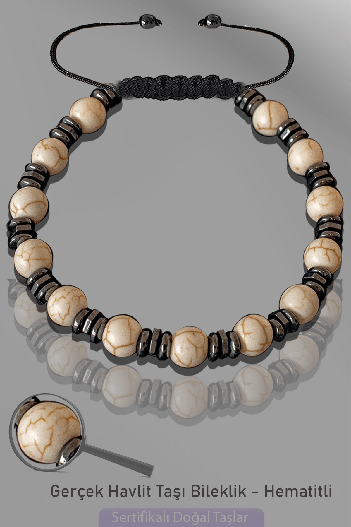 Sertifikalı 6mm Doğal Havlit Taşı Bileklik - Ayarlamalı
