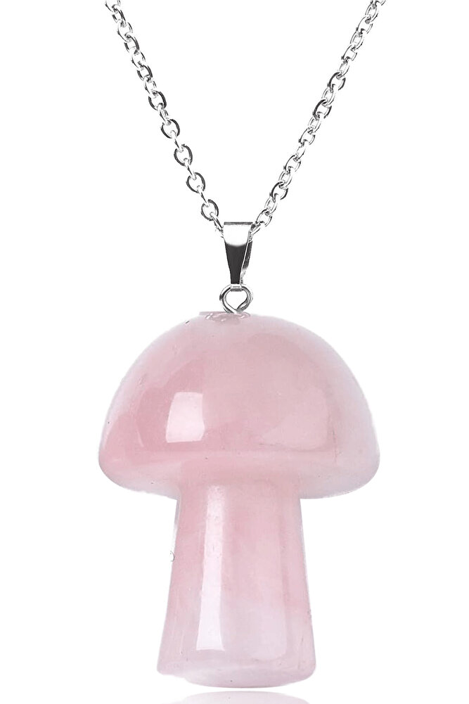 Sertifikalı Mantar Model Pembe Kuvars Taşı Kolye (Gümüş Aparatlı)