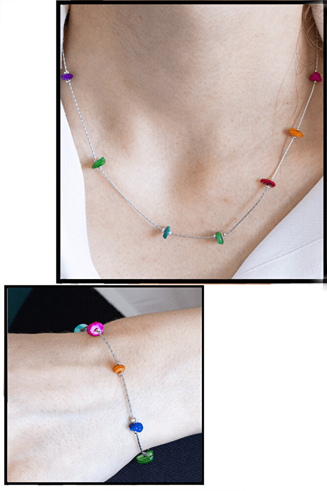 Sertifikalı Renkli Sedef Taşlı Doğal Taş Kolye Bileklik Seti