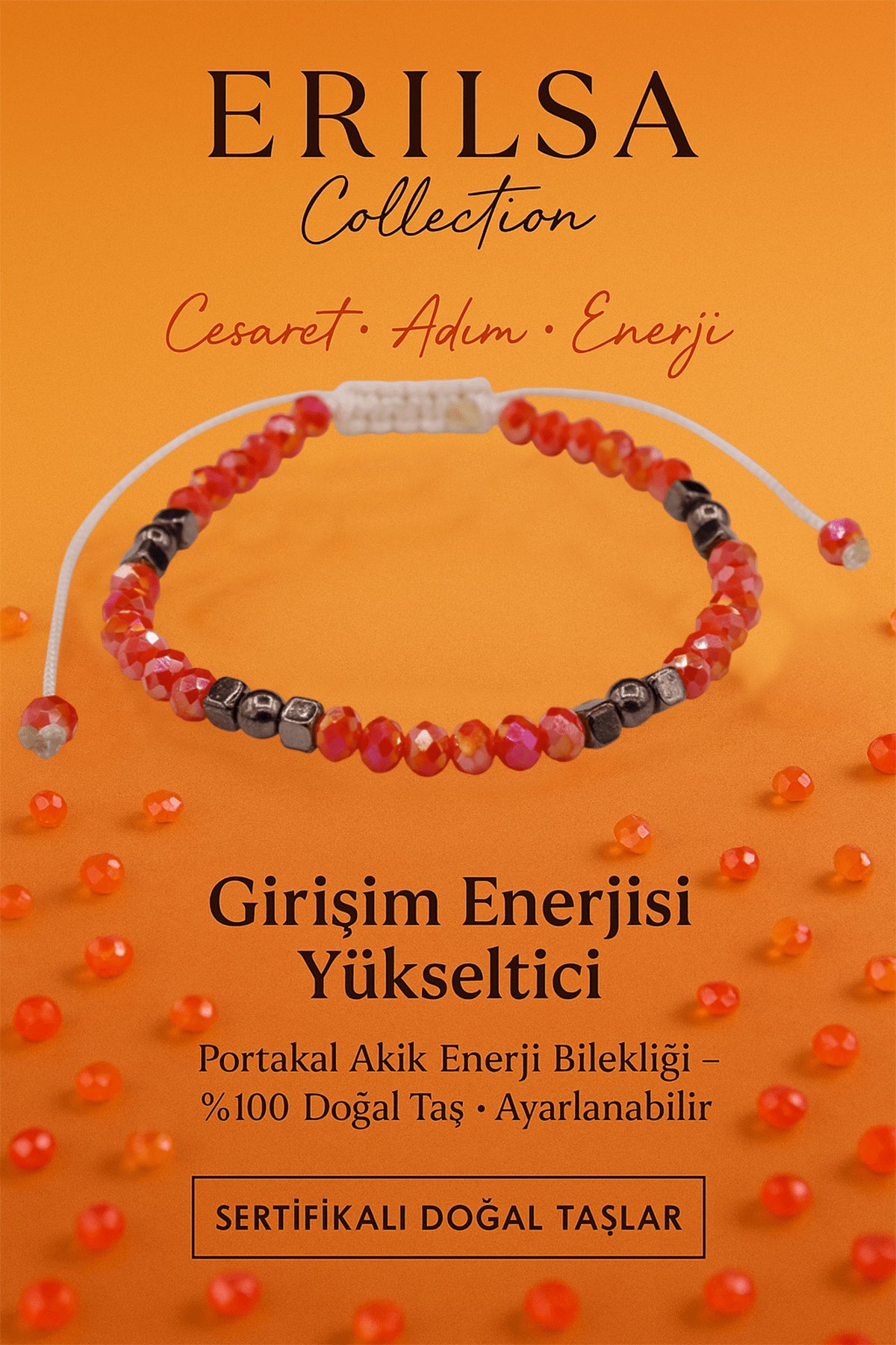 Sertifikalı Girişim Enerjisi Aktivasyon Bilekliği – Portakal Akik ve Terahertz Doğal Taş 4 mm