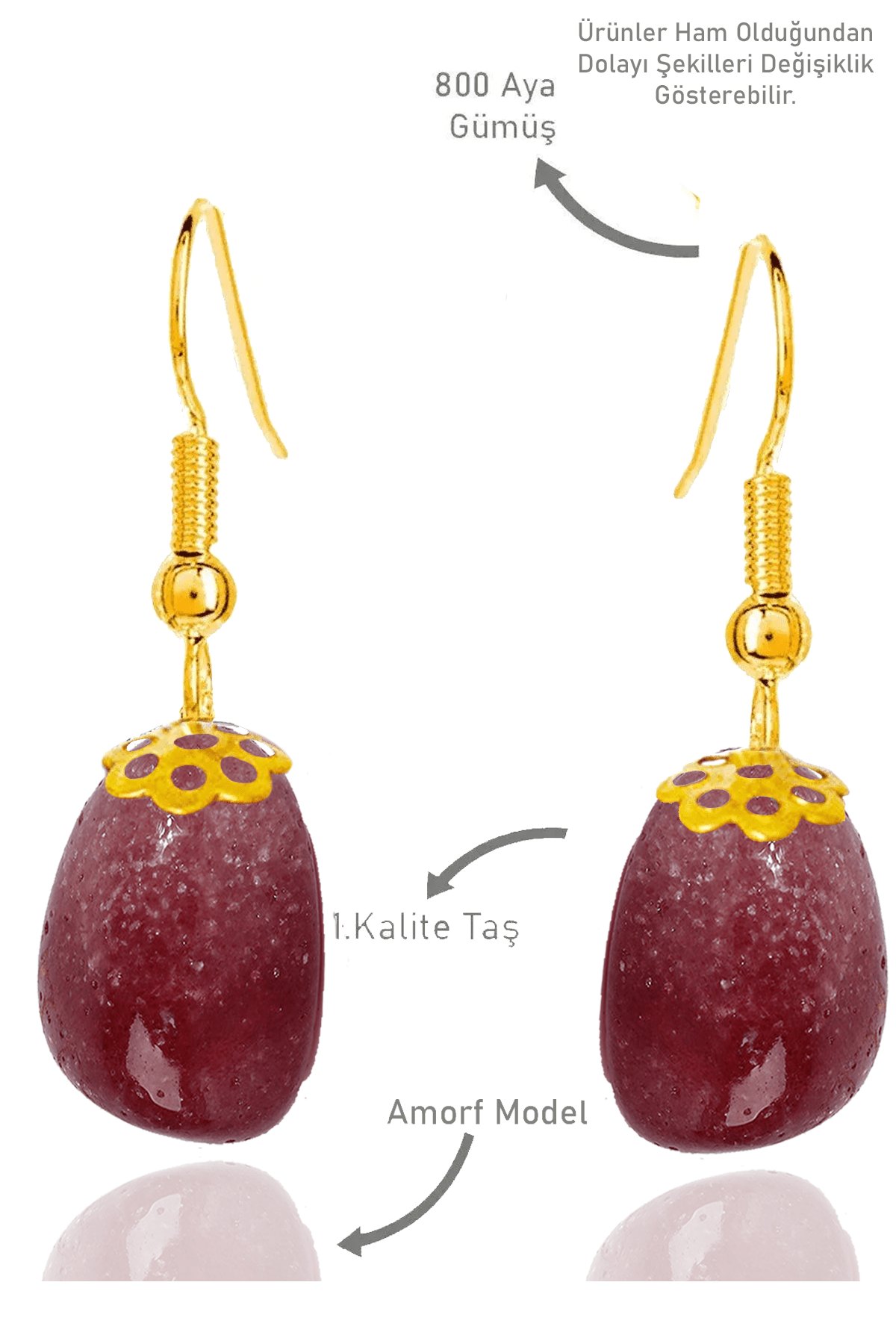 Sertifikalı Amorf Model Çilek Kuvars Taşı Küpe - Gold Renkli