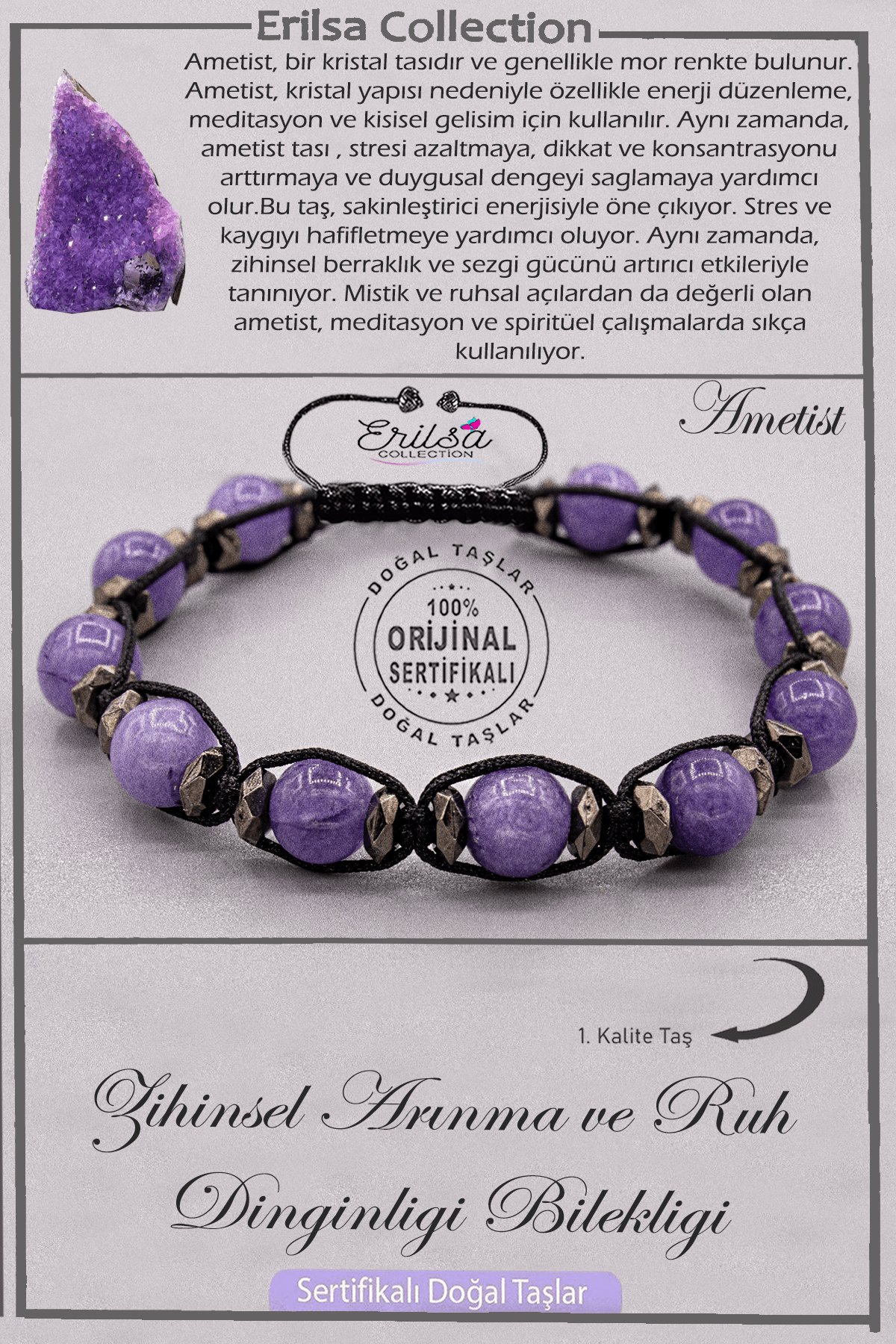 Sertifikalı AAA+ Kalite Doğal Terahertz - Ametist Zihinsel Arınma Ruh Dinginliği Bilekliği