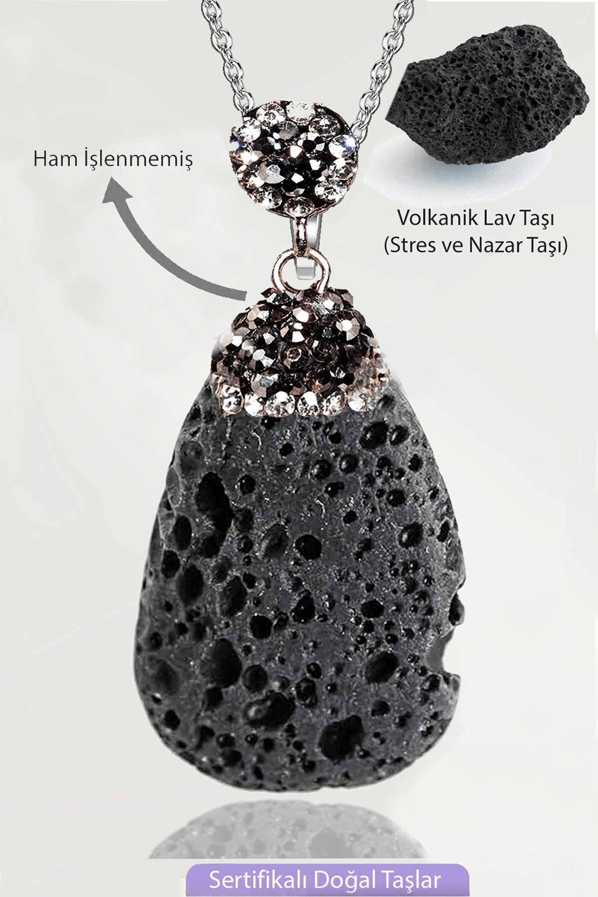 Sertifikalı Zirkon Taşlı Model Ham İşlenmemiş Volkanik Lav Taşı Kolye