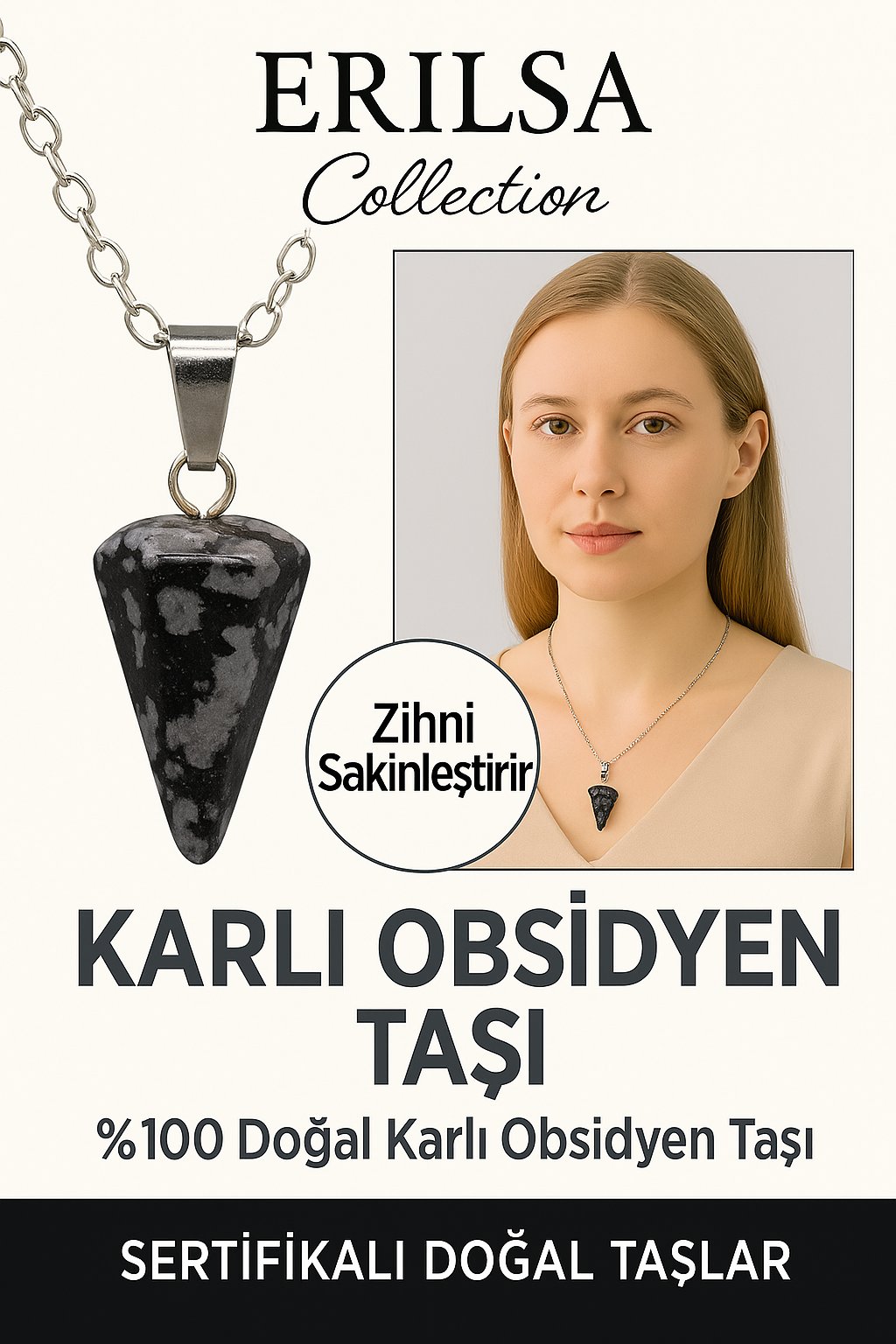 Sertifikalı Pandül Model Karlı Obsidyen Kolye – Negatif Enerji Temizliği ve Duygusal Koruma