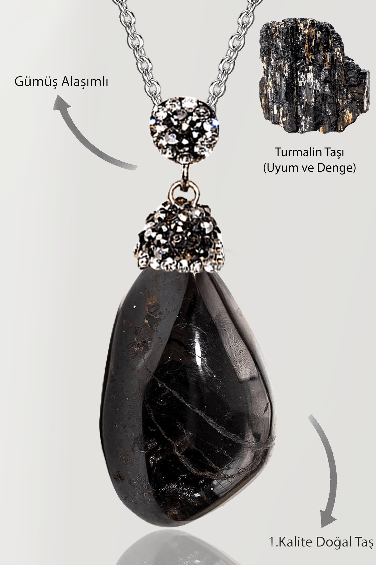 Sertifikalı Zirkon Taşlı Tamburlanmış Siyah Turmalin Taşı Kolye
