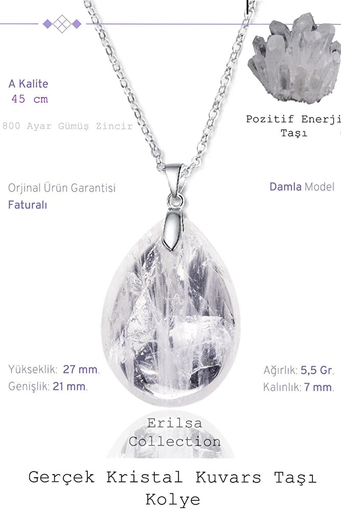 Sertifikalı Damla Model Kristal Kuvars Taşı Kolye (GÜMÜŞ APARATLI)