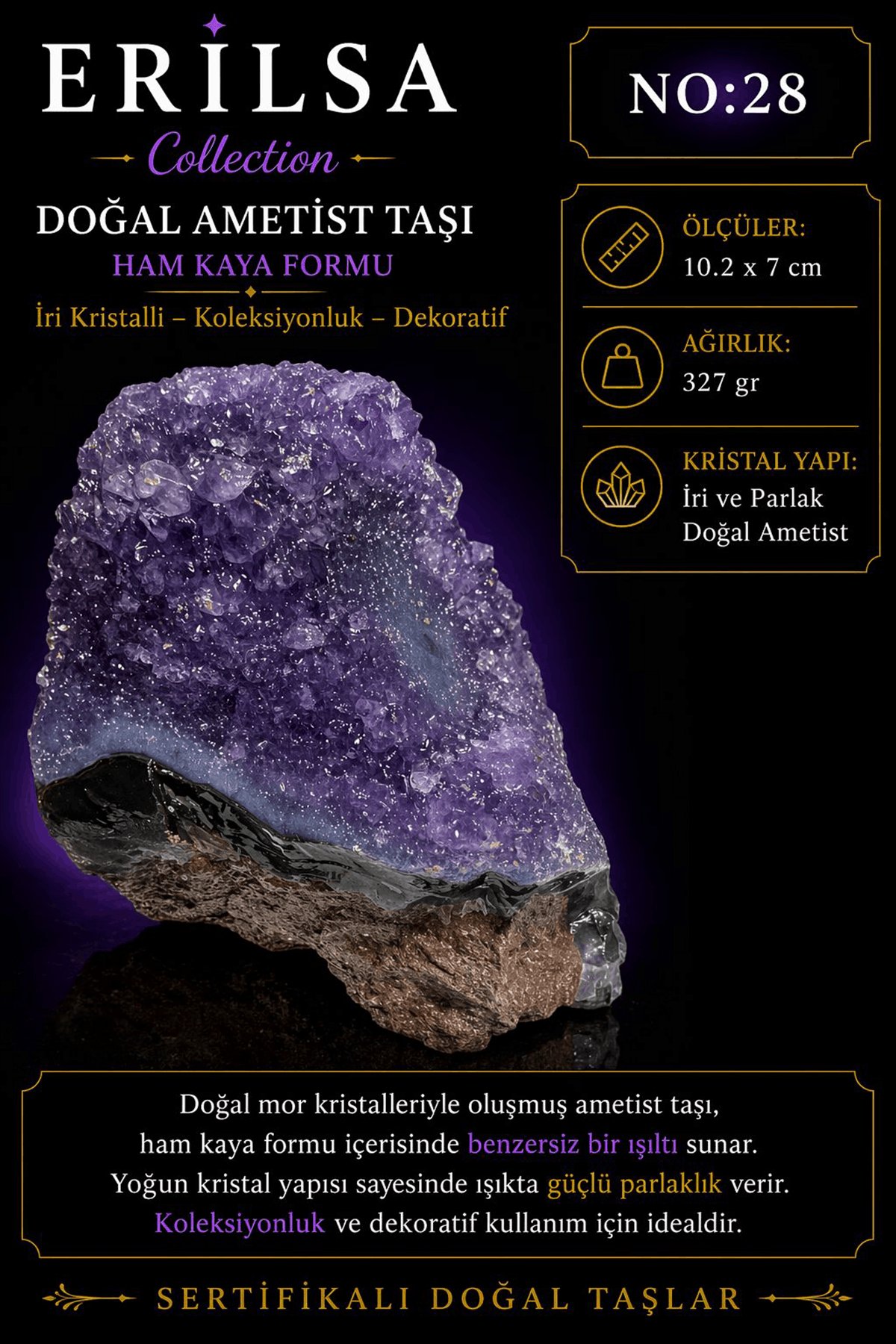 Sertifikalı Doğal Ametist Taşı İri Kristalli Ham Kaya Mor Kütle Dekoratif Koleksiyonluk