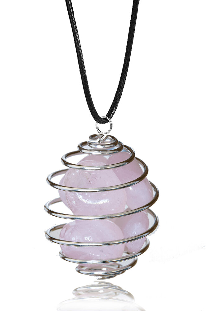 Sertifikalı Tel Sargılı Kafes Model Pembe Kuvars Taşı Kolye