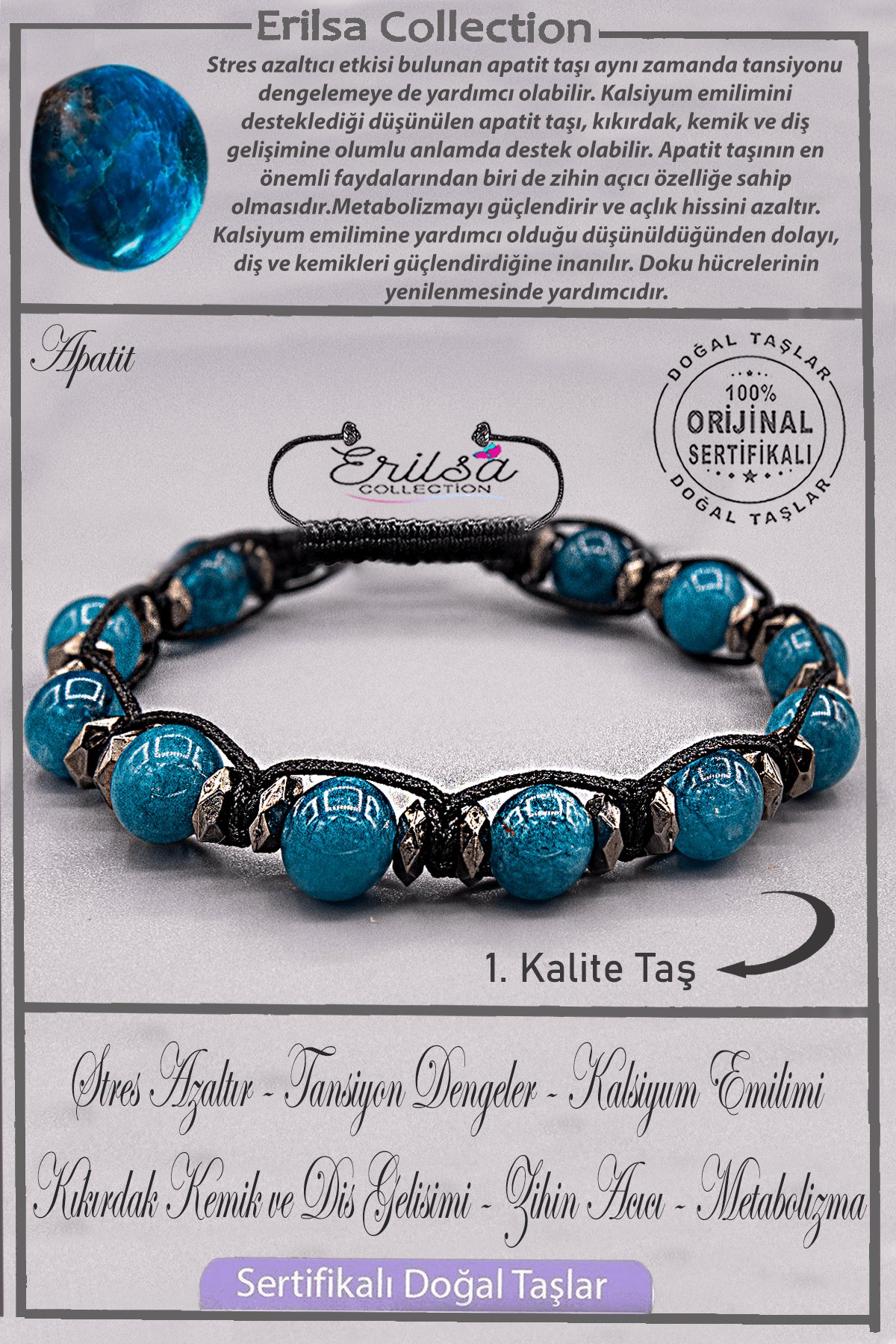 Sertifikalı AAA+ Kalite Orijinal Terahertz - Apatit Taşı Bileklik - Hindistan