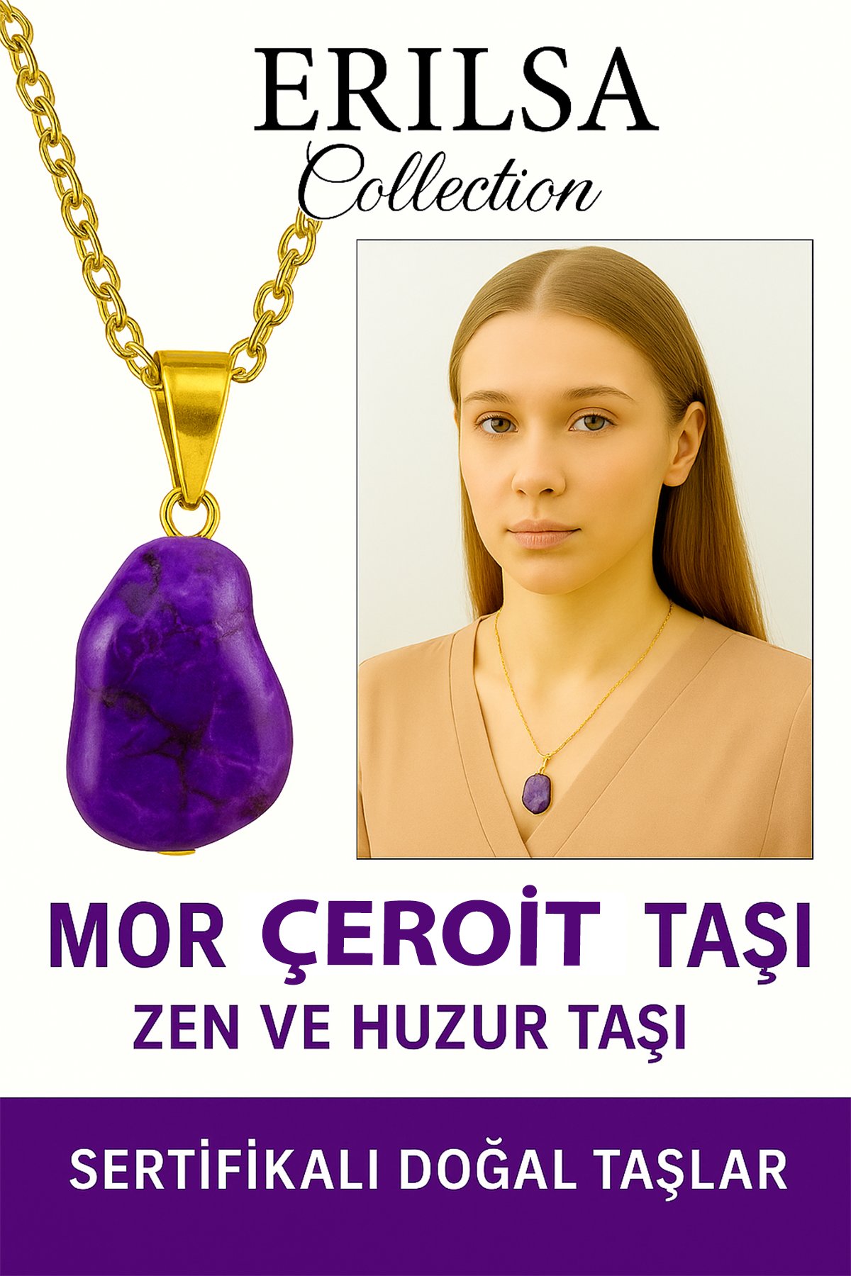 Sertifikalı Ham İşlenmemiş Mor Çeroit Taşı Kolye – Ruhsal Şifa, Denge ve Dönüşüm Taşı