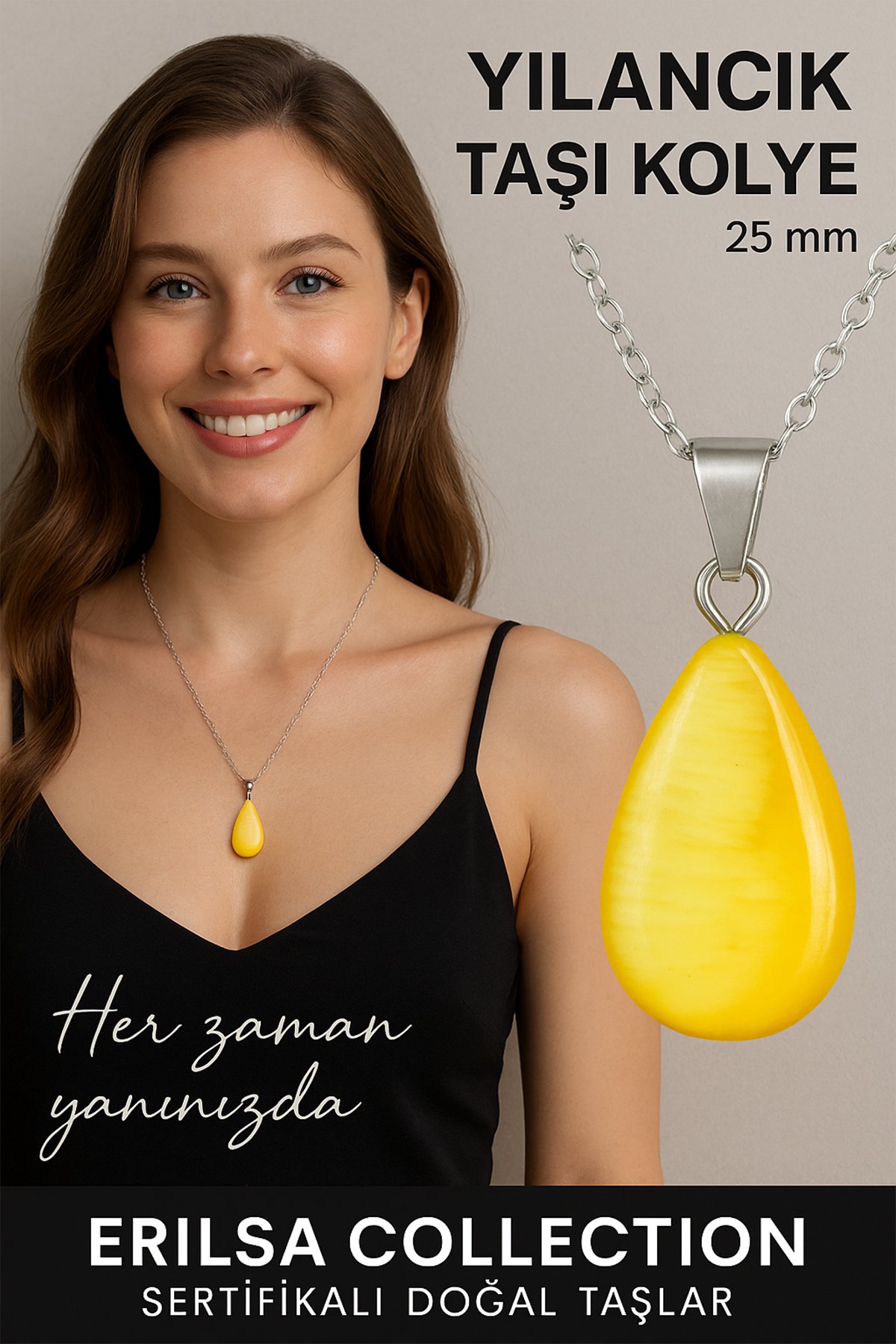 Sertifikalı Damla Model Yılancık Taşı Kolye 25 mm – Negatif Enerjiye Karşı Koruma