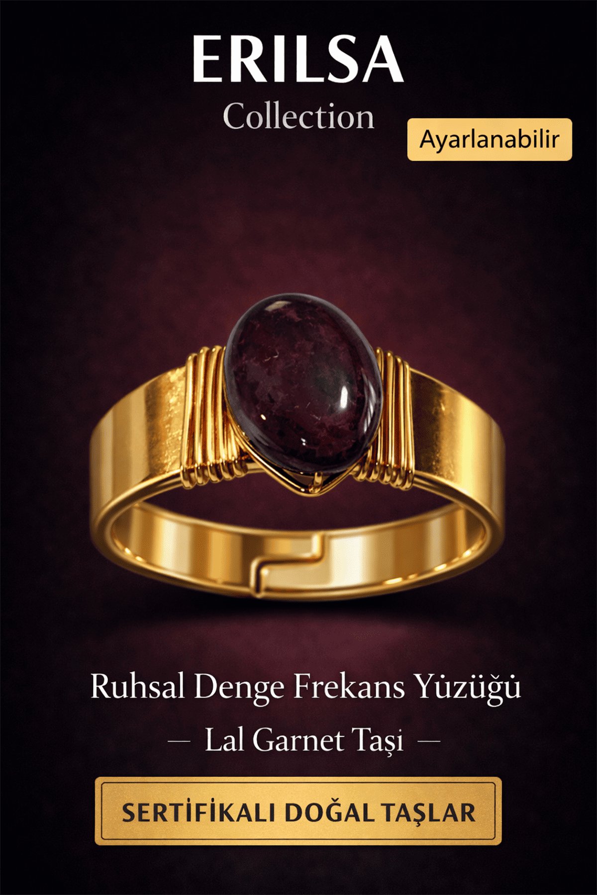 Sertifikalı Lal Garnet Doğal Taş Yüzük Ayarlanabilir Bakır Üzeri Altın Kaplama Enerji Denge