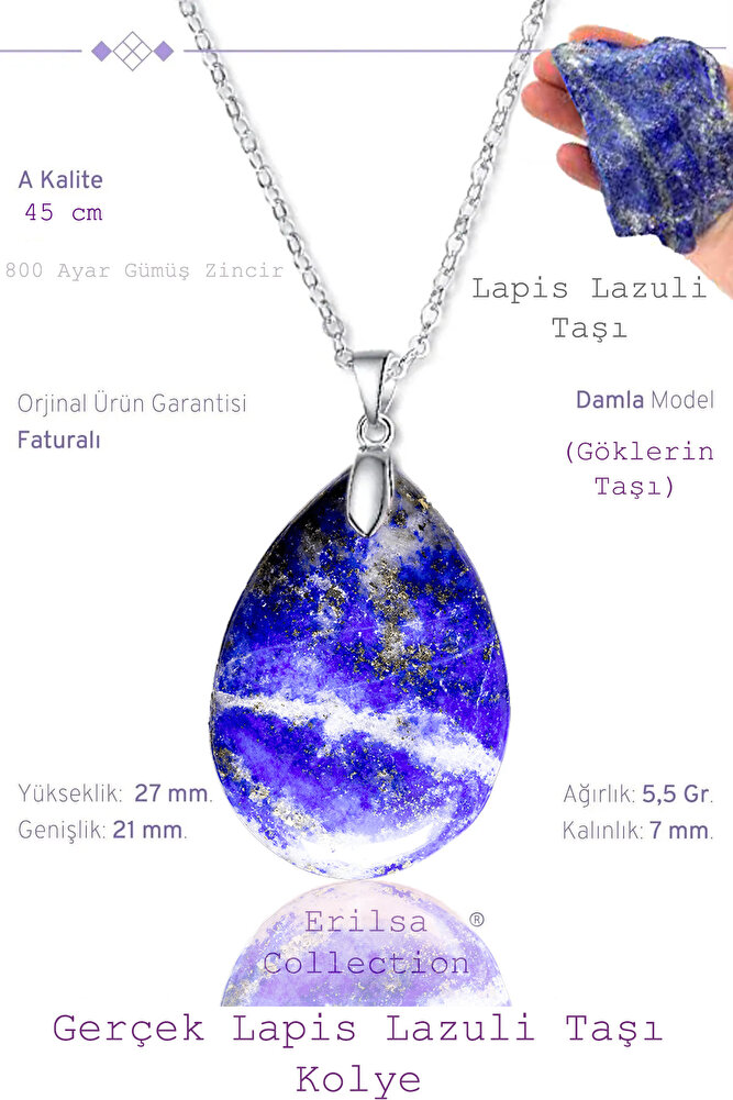 Sertifikalı Damla Model Lapis Lazuli Taşı Kolye (GÜMÜŞ APARATLI)