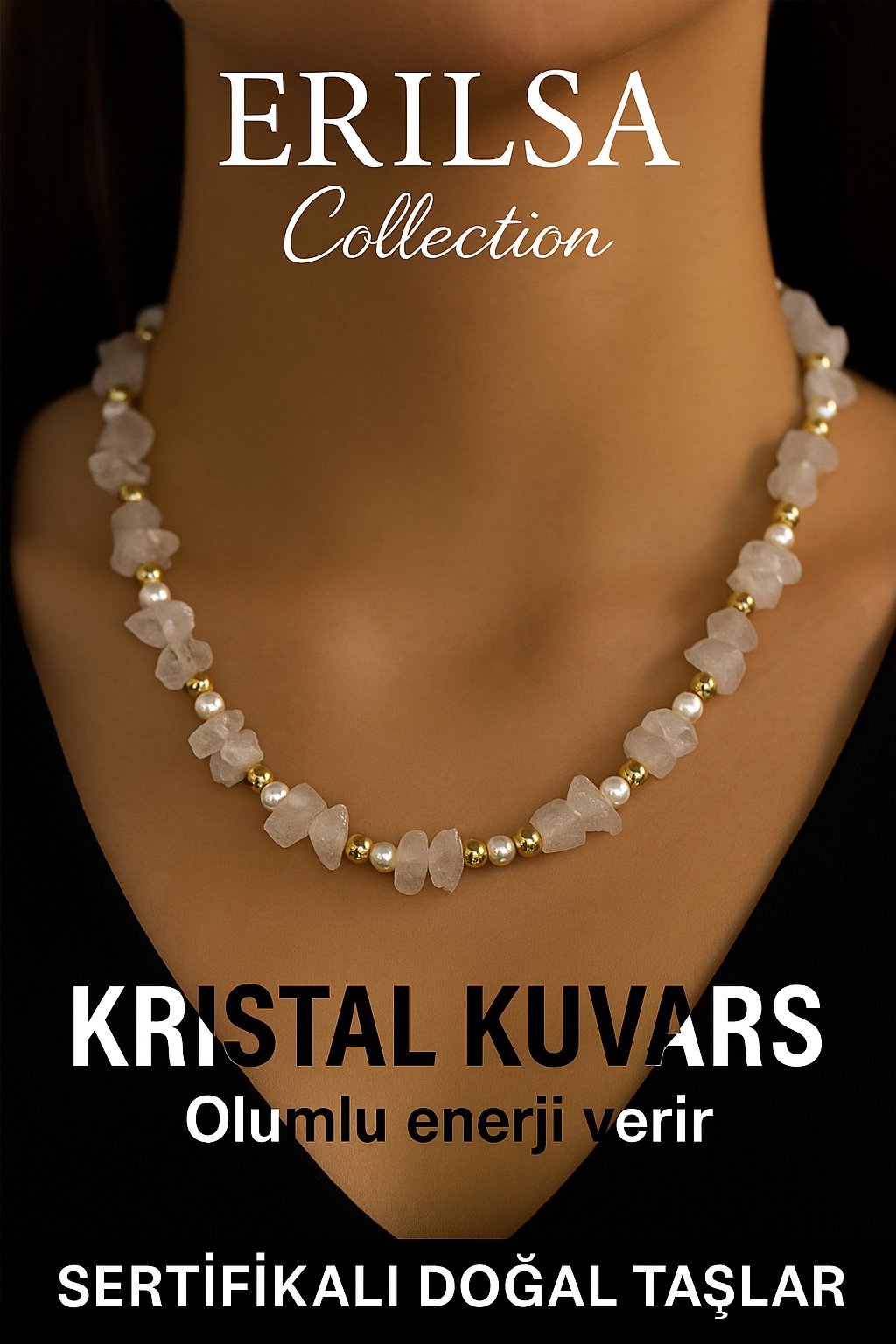Sertifikalı Kırık Taşlı Model İnci - Kristal Kuvars Taşı Kolye