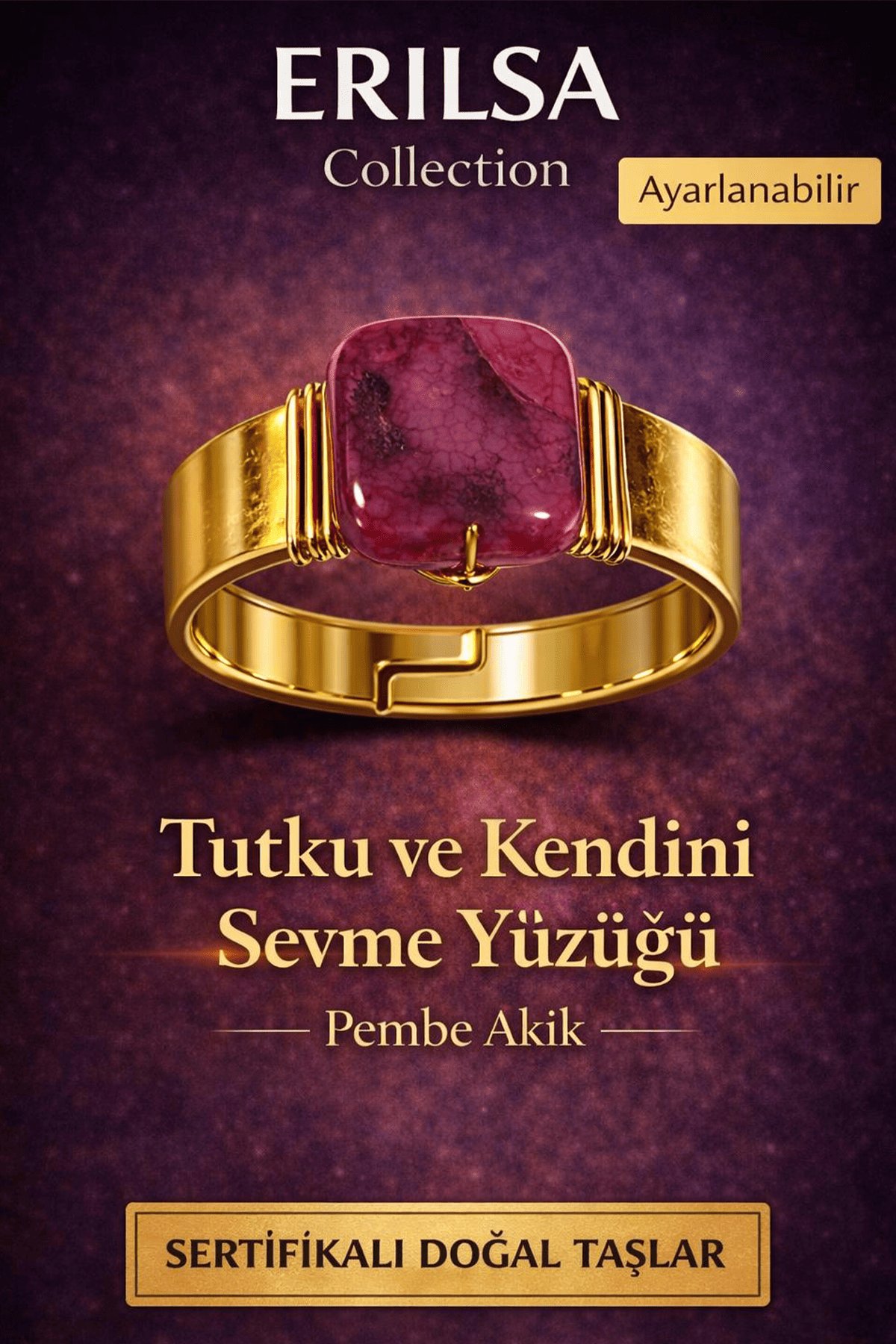 Sertifikalı Pembe Akik Doğal Taş Yüzük – Tutku ve Kendini Sevme Ayarlanabilir