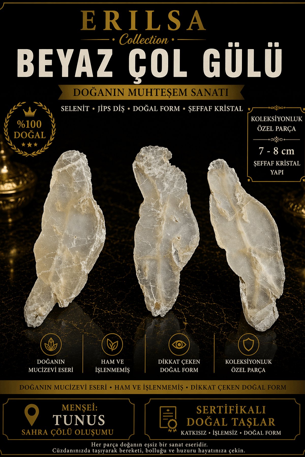 Sertifikalı Beyaz Çöl Gülü Selenit Taşı Kütle - 7-8 cm Şeffaf Kristal Yapı Koleksiyonluk Doğal Taş