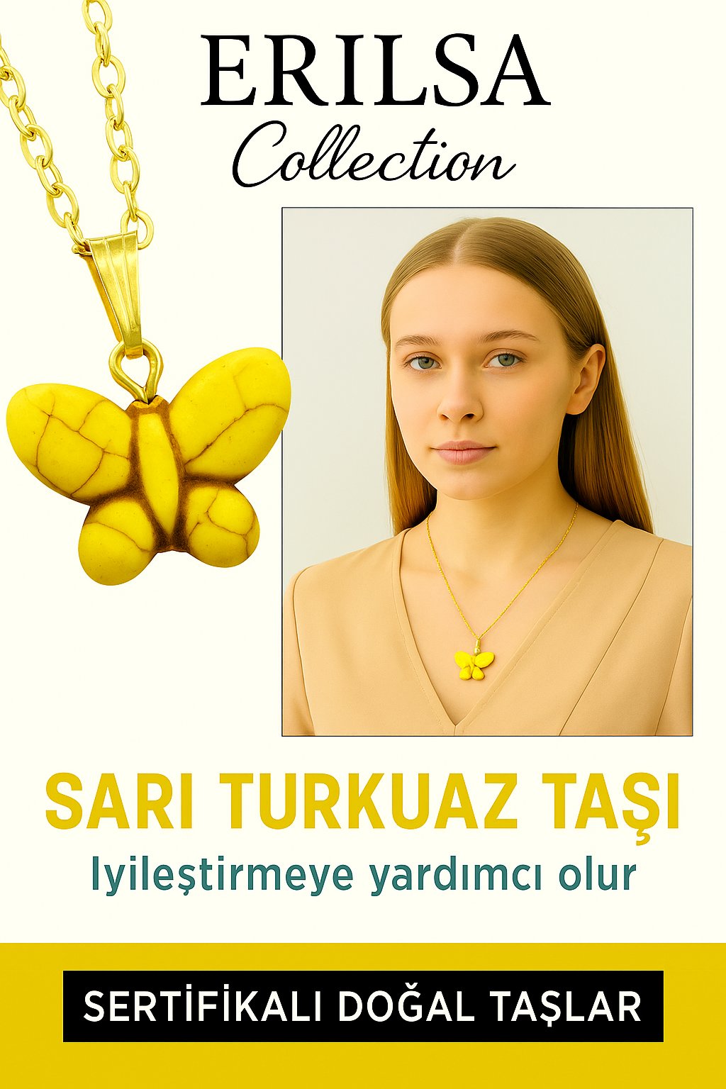 Sertifikalı Sarı Renkli Kelebek Model Sarı Turkuaz Taşı Kolye – Enerji, Yenilik ve Ruhsal Koruma Taşı