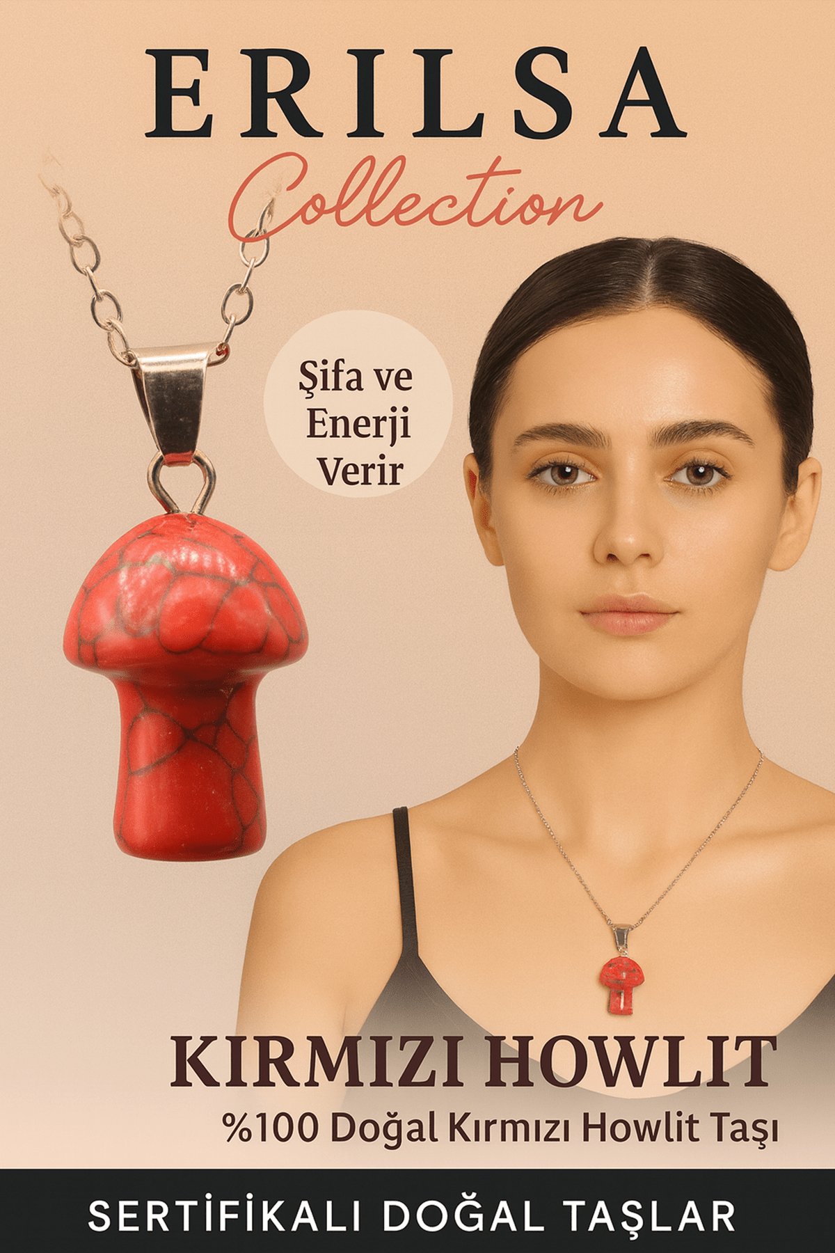 Sertifikalı Mantar Model Kırmızı Havlit Taşı Kolye - Şifa ve Enerji Veren Doğal Kolye