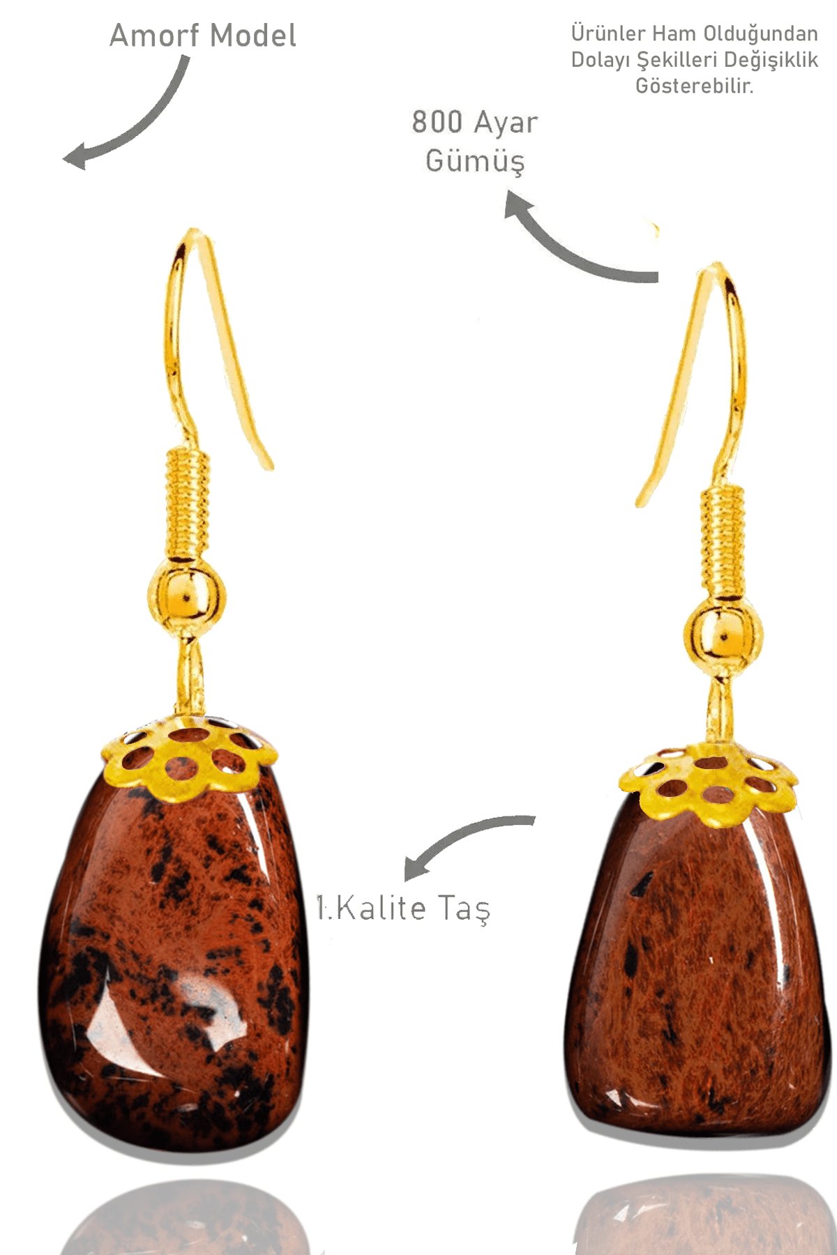 Sertifikalı Amorf Model Ham Kahverengi Obsidyen Taşı Küpe - Gold Renkli