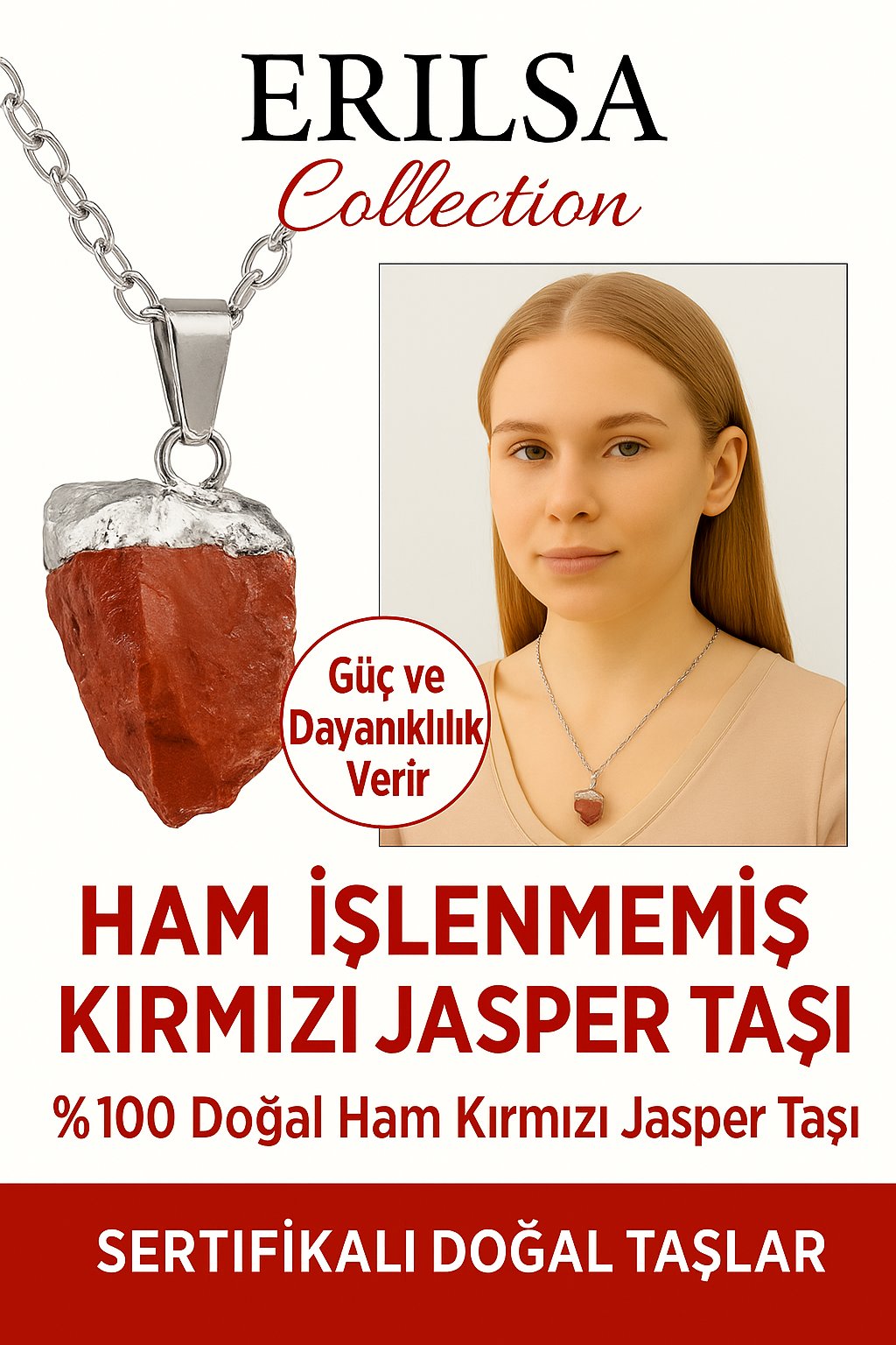 Sertifikalı Ham İşlenmemiş Kırmızı Jasper Taşı Kolye – Dayanıklılık, Güç ve Topraklanma Taşı