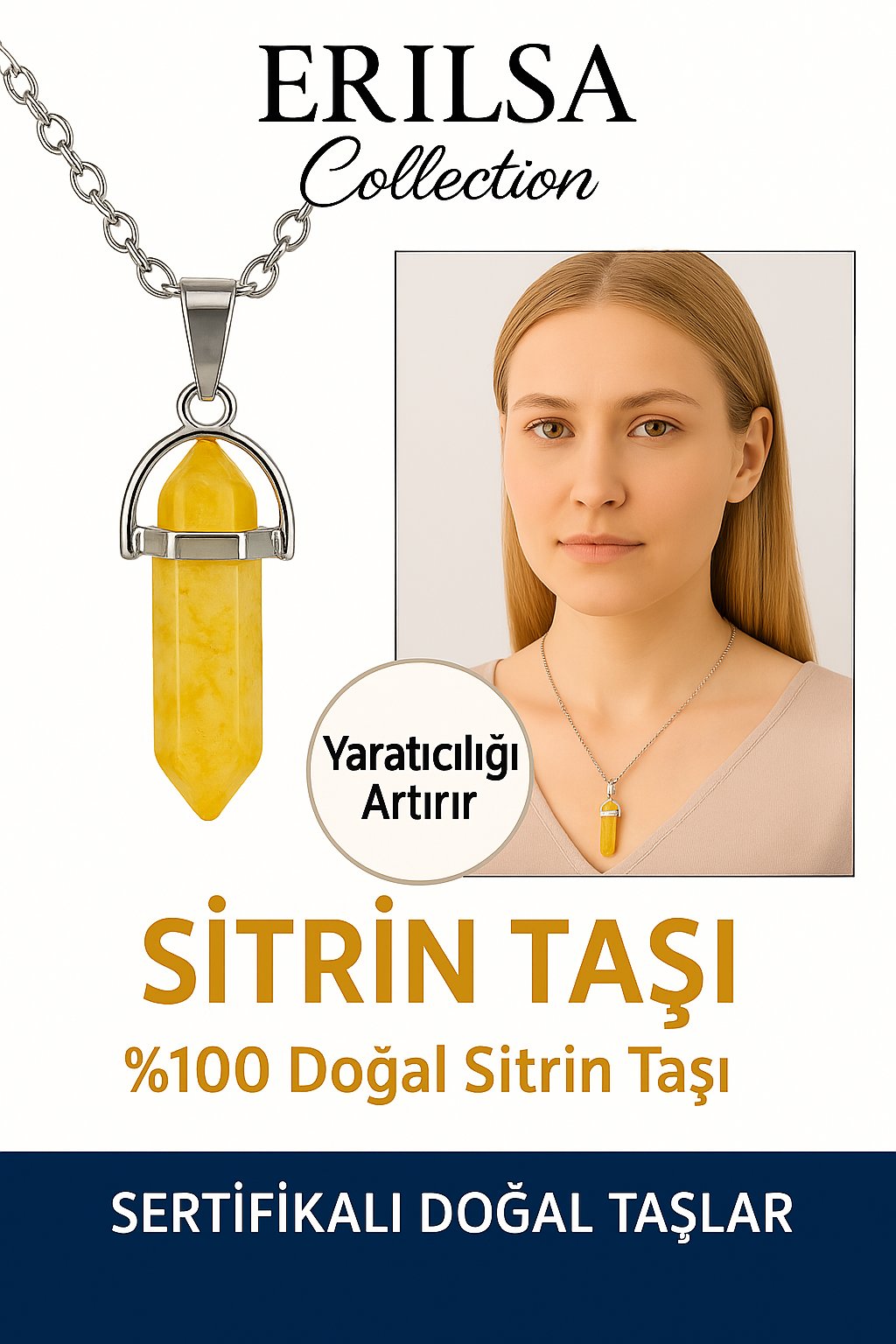 Sertifikalı Çivi Model Sitrin Taşı Kolye – Bolluk, Neşe ve Pozitif Enerji Taşı