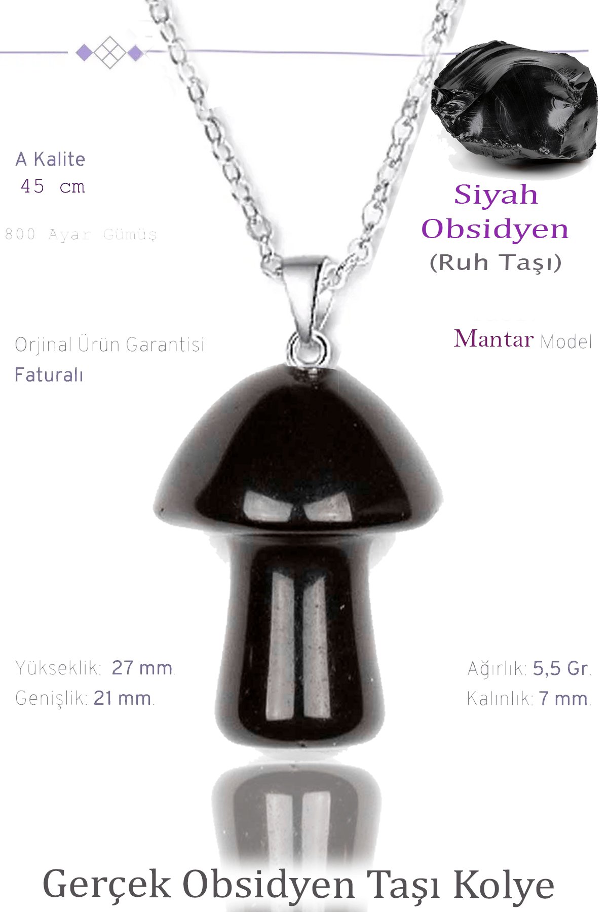 Sertifikalı Mantar Model Obsidyen Taşı Kolye - Gümüş Aparatlı