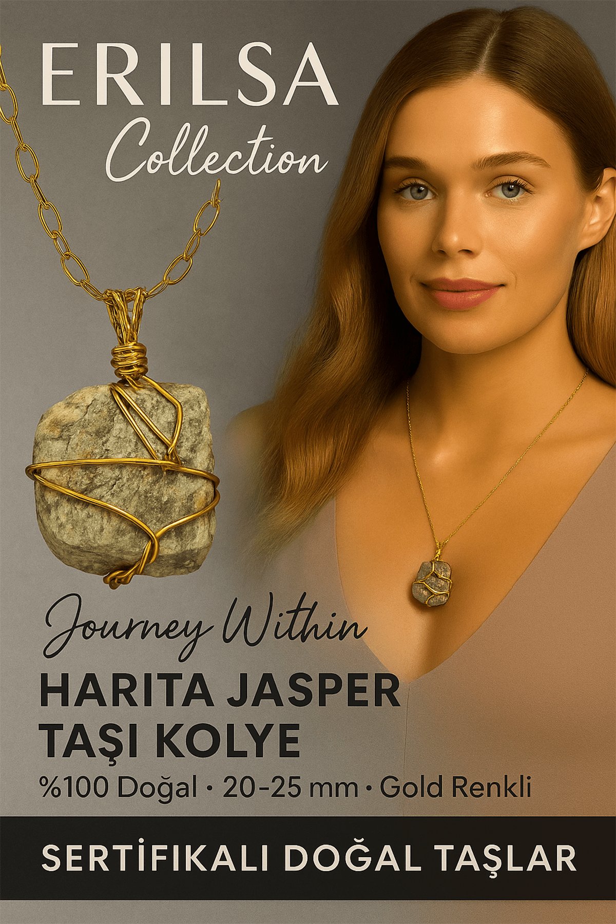 ASertifikalı Tel Sargılı Doğal Harita Jasper Taşı Kolye – Altın Kaplama Denge ve Farkındalık Taşı