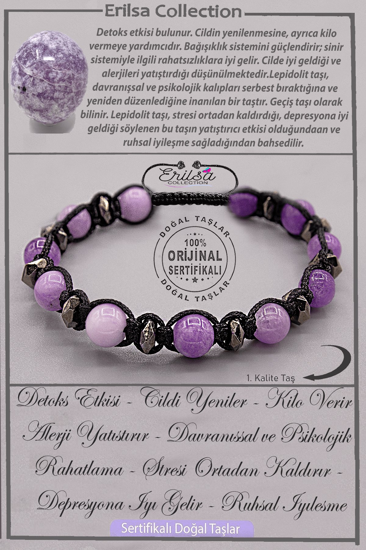 Sertifikalı AAA+ Kalite Gerçek Terahertz - Lepidolit Taşı Bileklik - Ayarlamalı