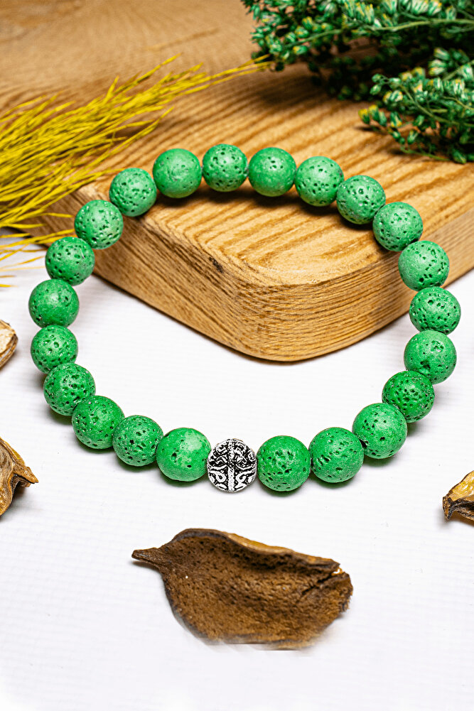 Sertifikalı Volkanik Yeşil Lav Taşı Bileklik - Gümüş Aparatlı