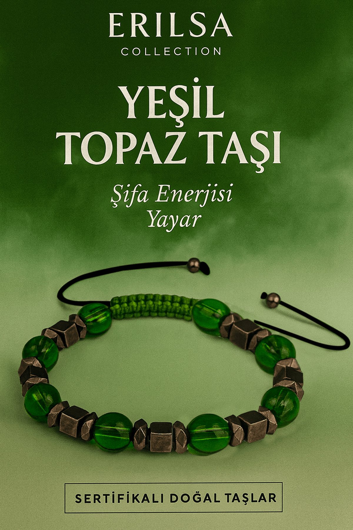 Sertifikalı Sentetik Koyu Yeşil Topaz Taşı Bileklik - Şifa Enerjisi Yayan Zarif ve Şık Unisex Takı